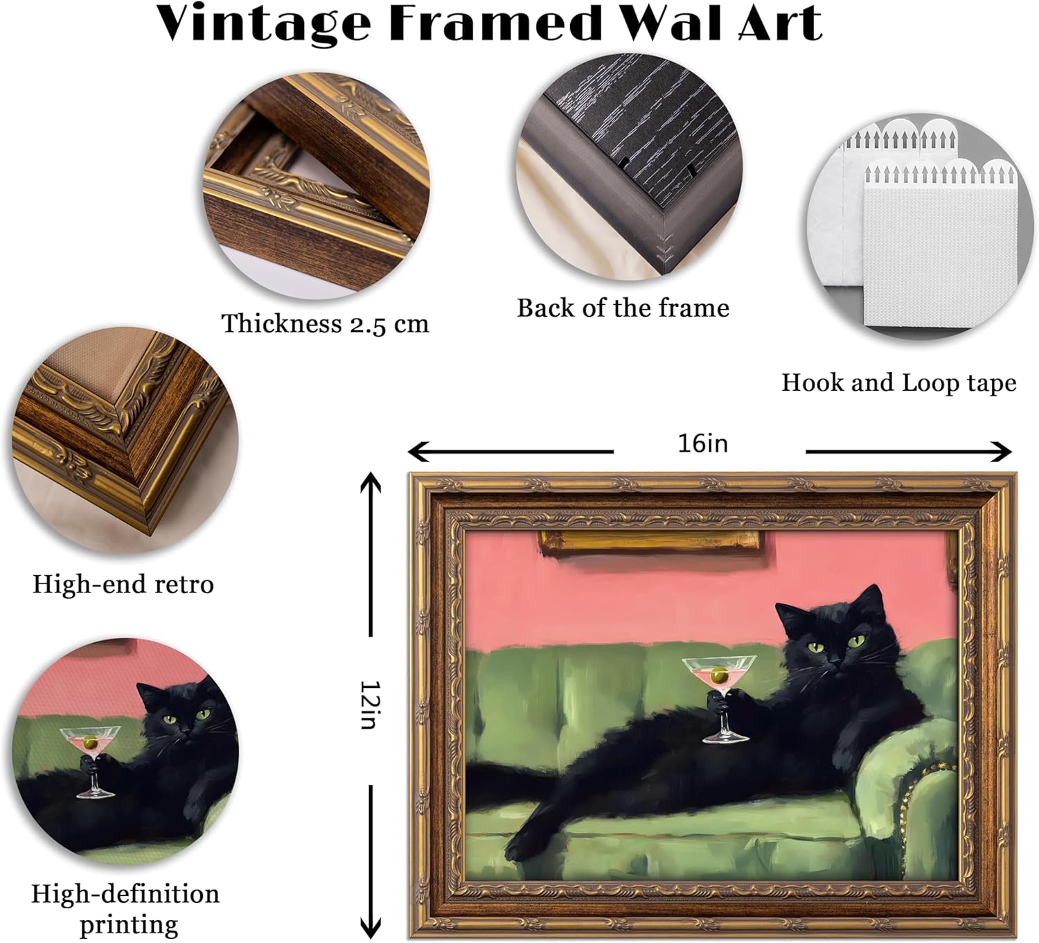 Vintage Gold Framed Cat Wall Art Cocktail Bar Cart Painting Picture Wall Decor Quirky Whimsical Eclectic Bar Decor Poster Print Artwork for Bar Kitchen Bathroom Bedroom