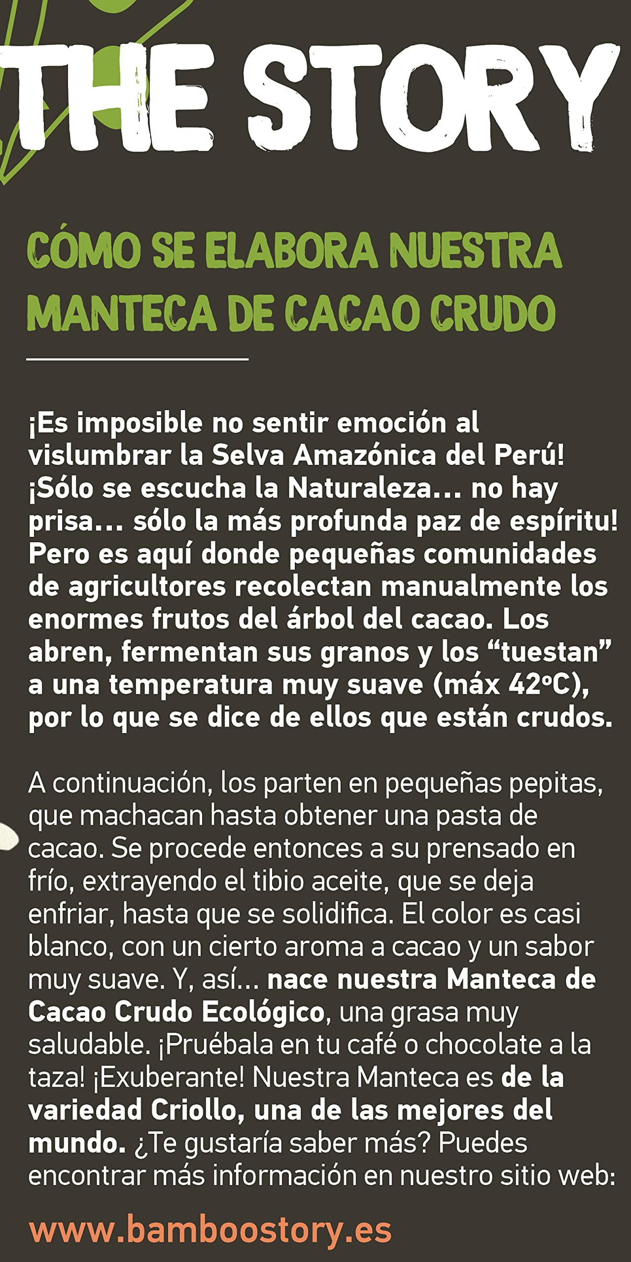 Bio | BAMBOO STORY | Manteca Cacao | Prensada Frío | Criollo | 100% Peruano | 900g