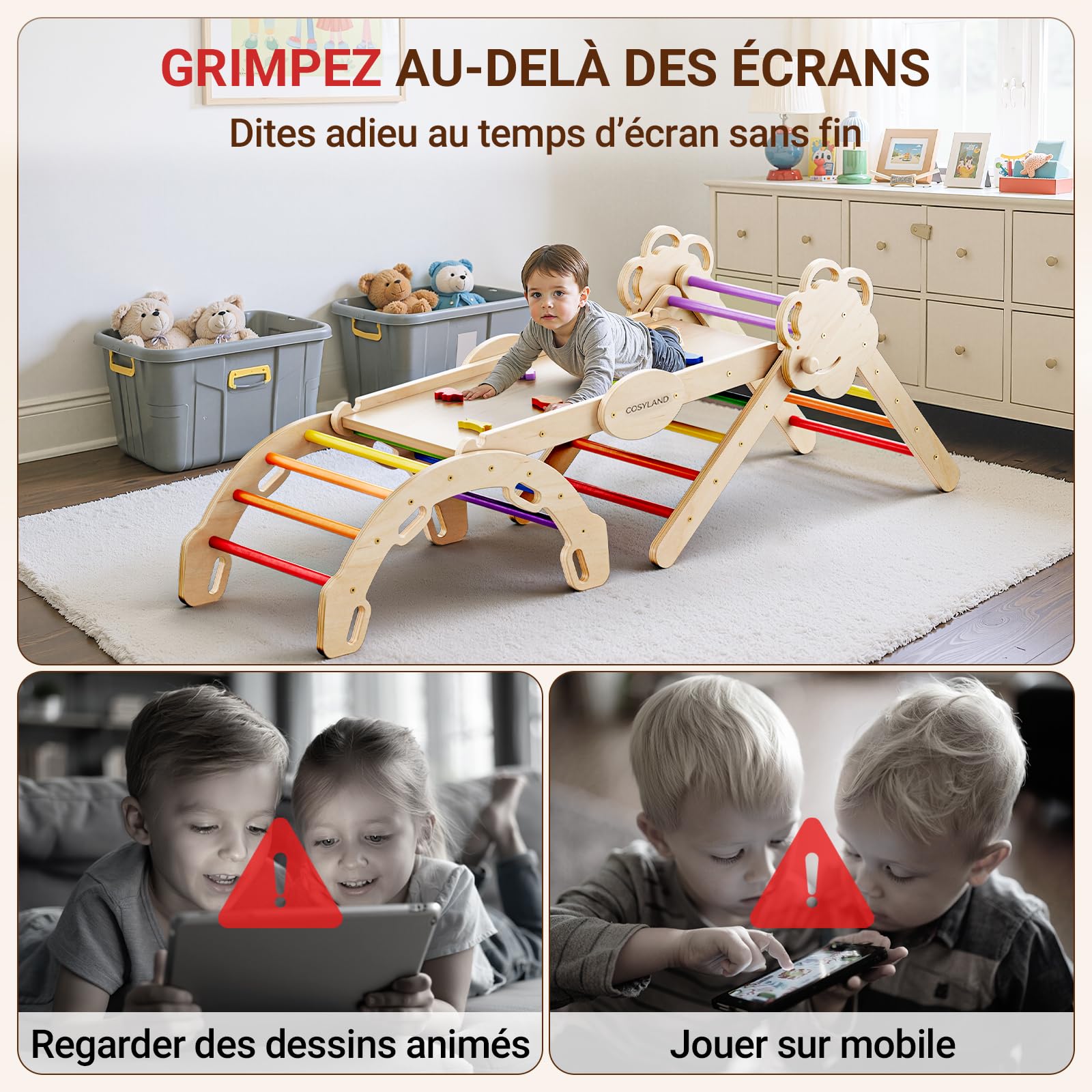 COSYLAND Triangle d’Escalade Montessori 8-en-1 en Bois, Arche Pliable pour Enfants 1-6 Ans, Parcours de Motricité Hauteur Réglable, Charge 80 kg, Boîte Cadeau Colorée (Arc-en-Ciel)