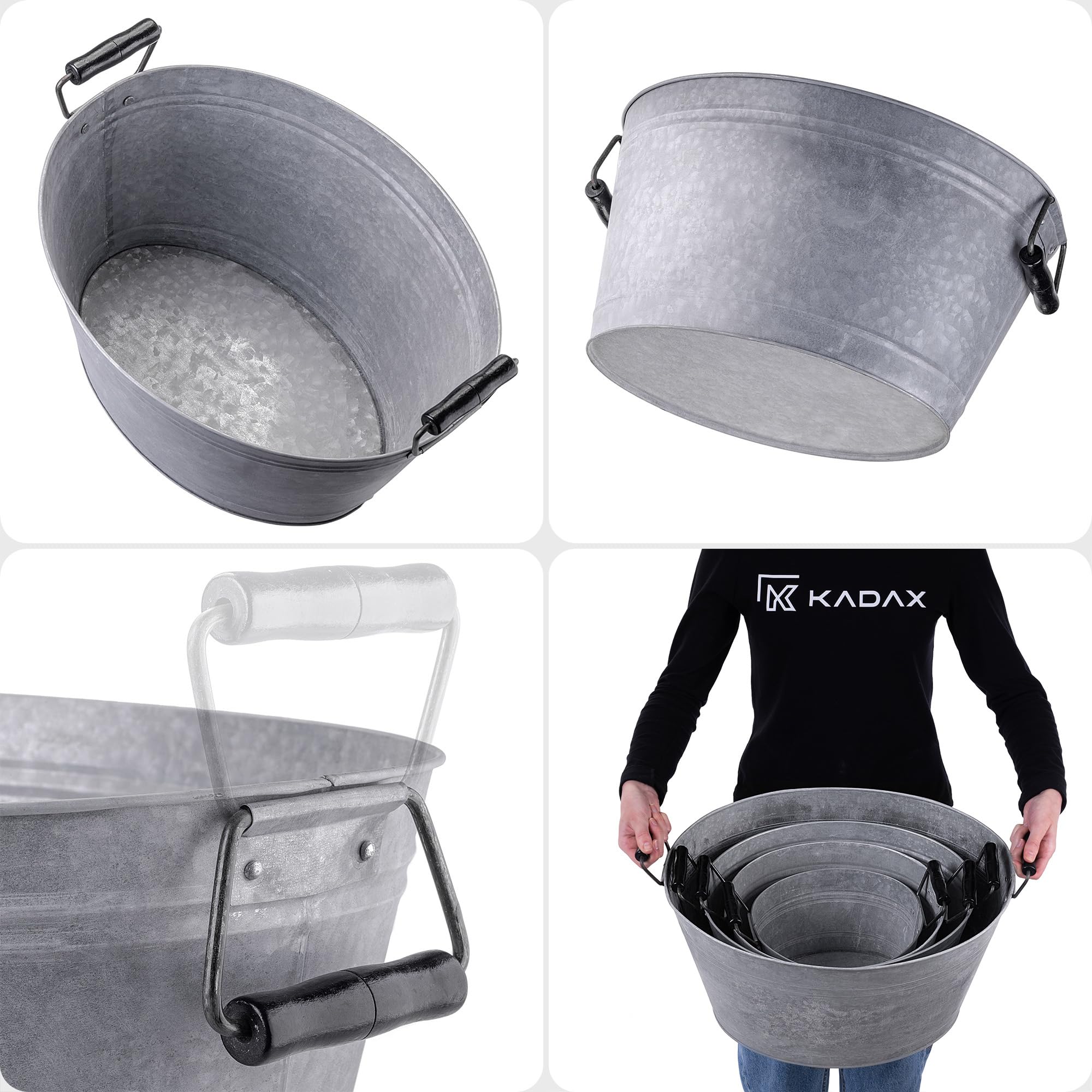 KADAX Lot de 4 bacs en zinc en 4 tailles : 6 l, 13 l, 19 l et 38 l, bac à plantes en acier galvanisé, idéal comme étang de jardin, bac à fleurs et seau à boissons (argenté)
