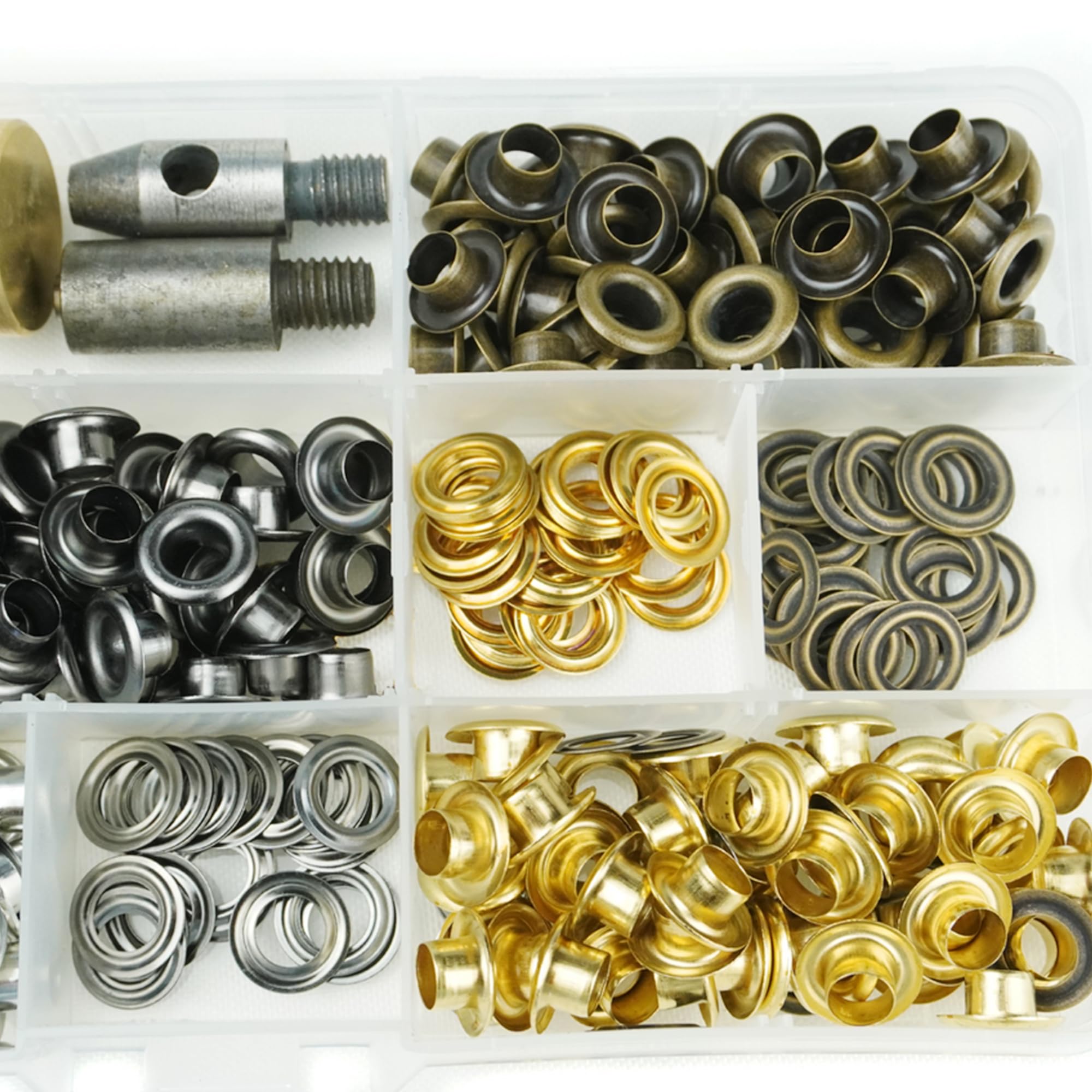 Trimming Shop Kit di occhielli da 6 mm, 200 occhielli in 4 colori con fustelle di fissaggio, set per progetti fai da te, artigianato della pelle, riparazione abbigliamento, scarpe, borse