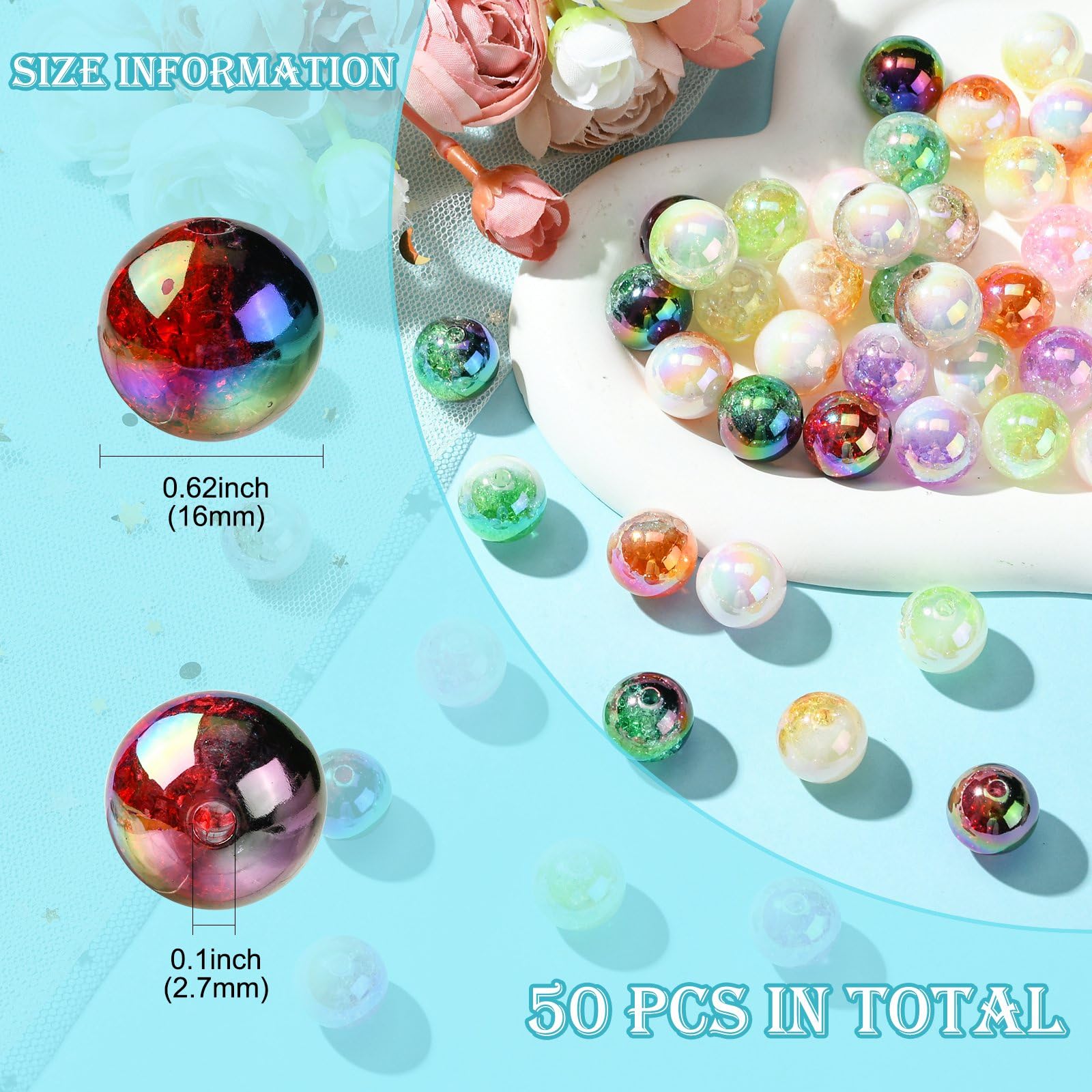 Ipotkitt 50pcs 16mm Colourful Acrylic Round Beads Crackle Bubblegum Beads Two Tone Ball Loose Spacer Beads for DIY Beadable Keychain Jewellery Making - Image 2