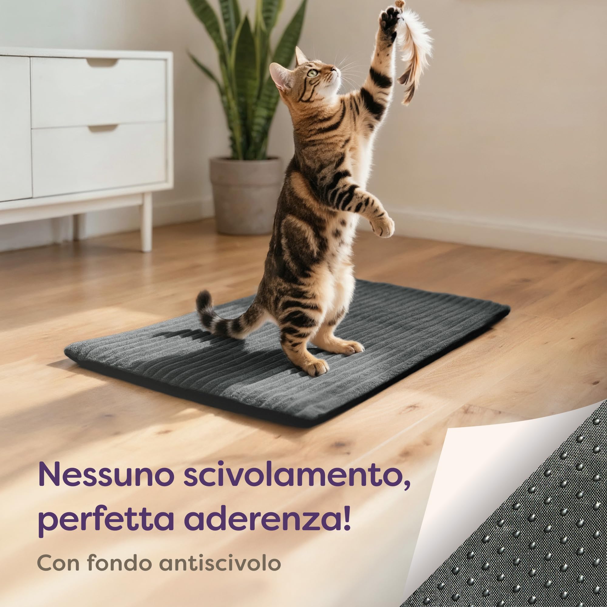 Knupis Tappetino Autoriscaldante Gatto 60x45cm - Morbido e Fonoassorbente – Rivestimento Lavabile – con Fondo Antiscivolo – Grigio