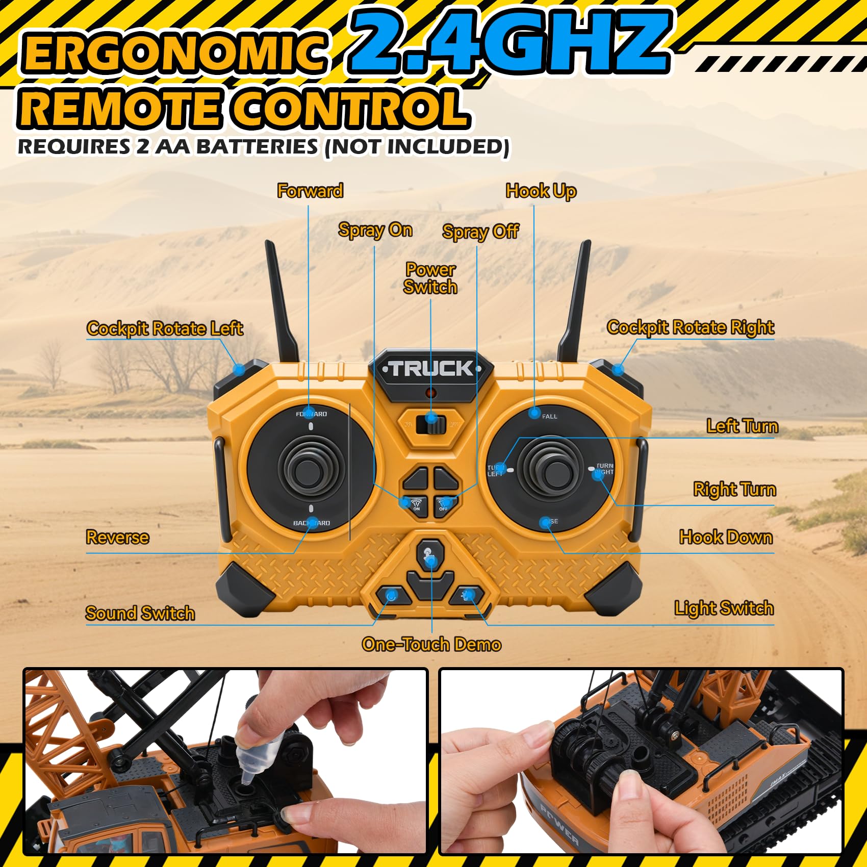 13-Kanal Großer Ferngesteuerter Kran, 2.4GHz, 39 cm, 680 Grad Rotation, Raupenkran mit Schiebeschild, Licht, Sound & Sprühnebel - inkl. Akku, USB, Frachtbox, Geschenk für ab 6 J