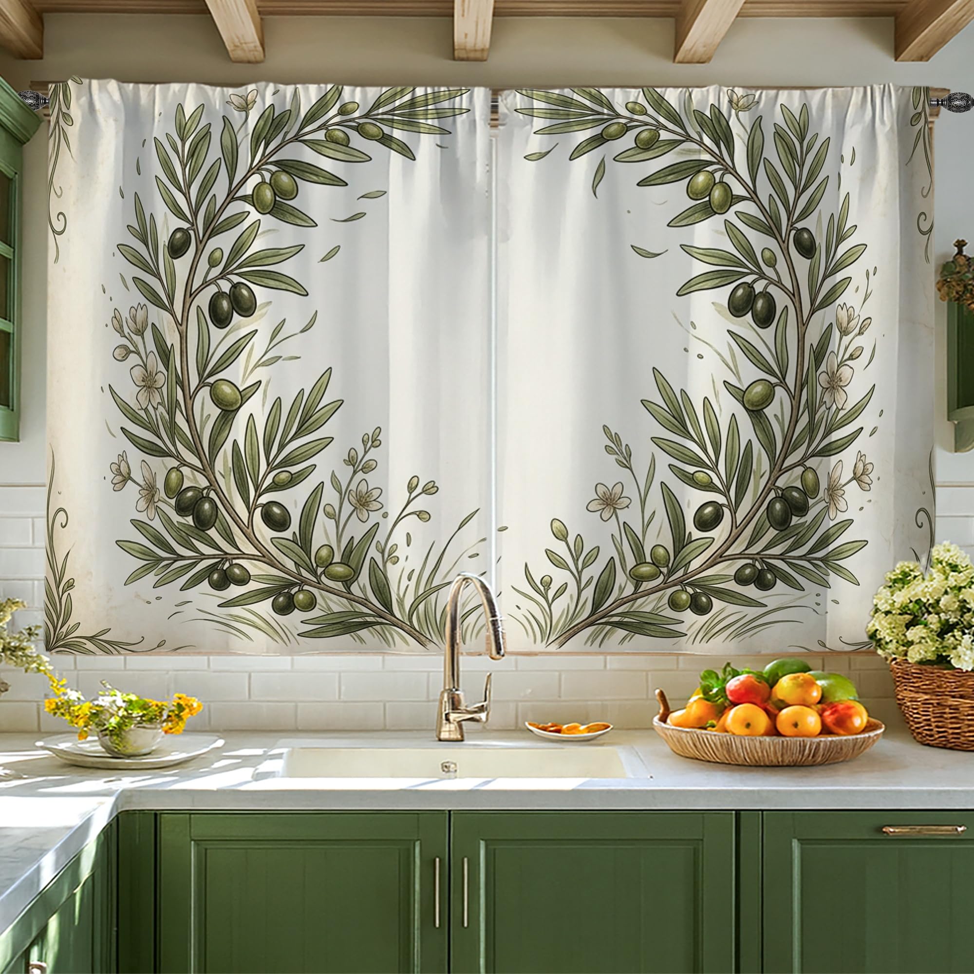 Rideaux de cuisine vert olive occultant léger pour petite fenêtre étroite