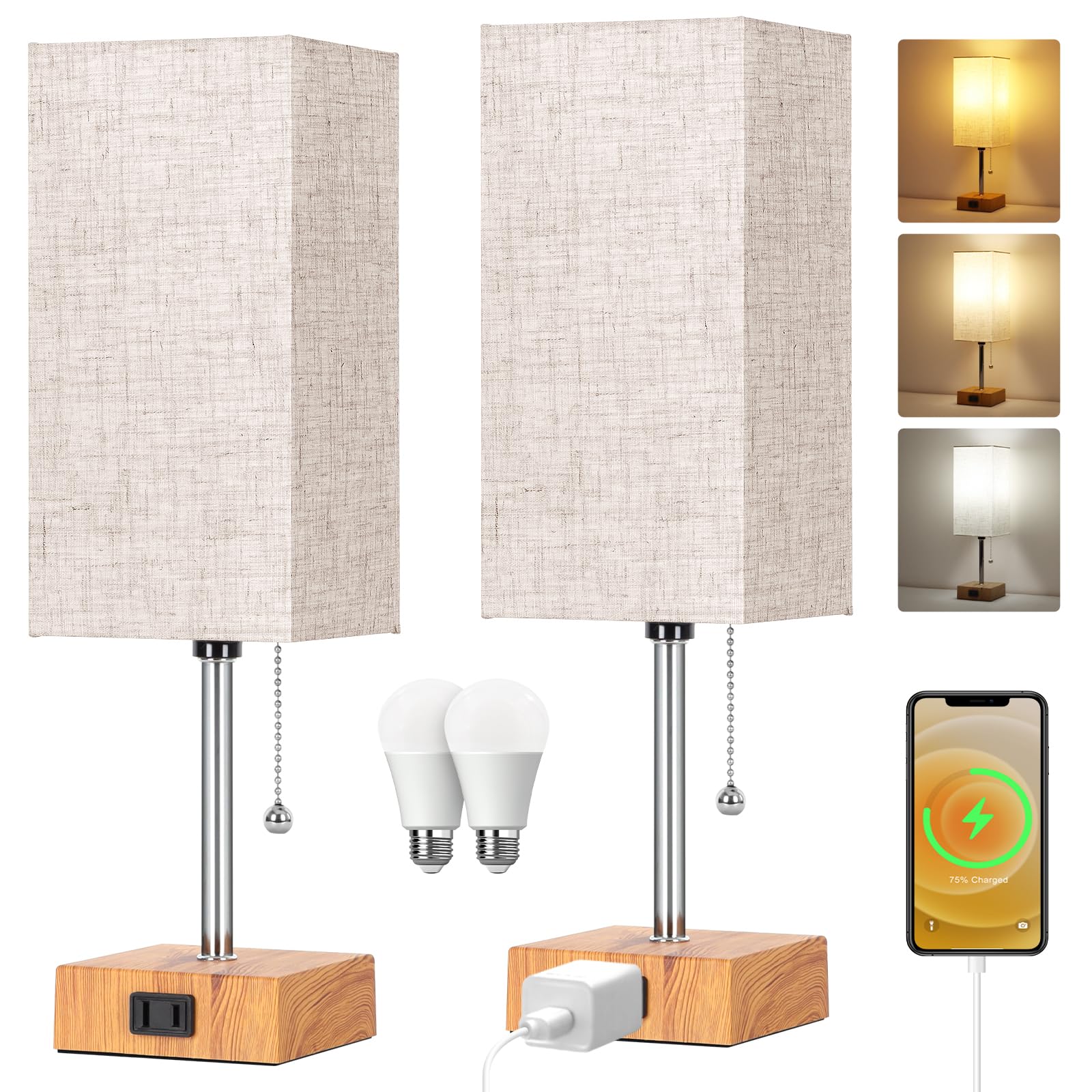 Bedside Table Lamp - 3 Color Modes & AC Outlet -19 Bedside Table Lamp - 3 Color Modes & AC Outlet -19