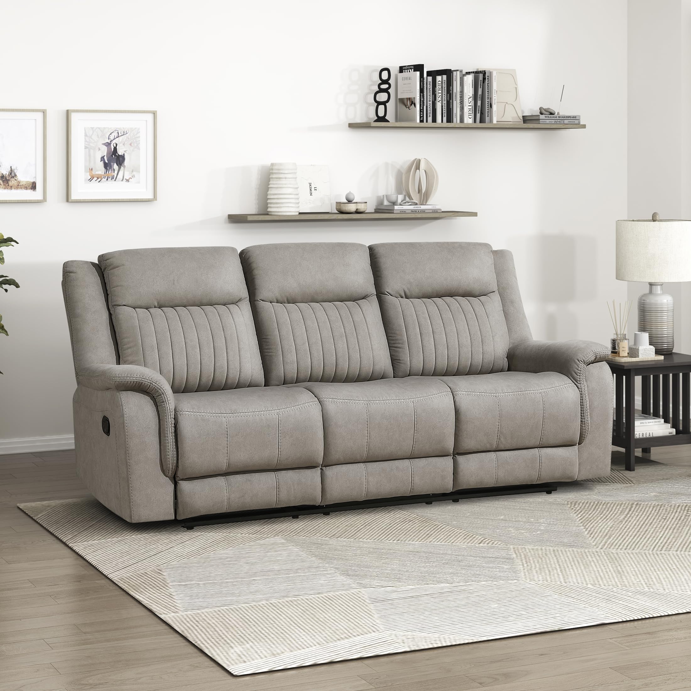 Lexicon Manual Double Reclining Sofa, Polished Microfiber Upholstered 3 Seater, Easy Assembly (Dove)