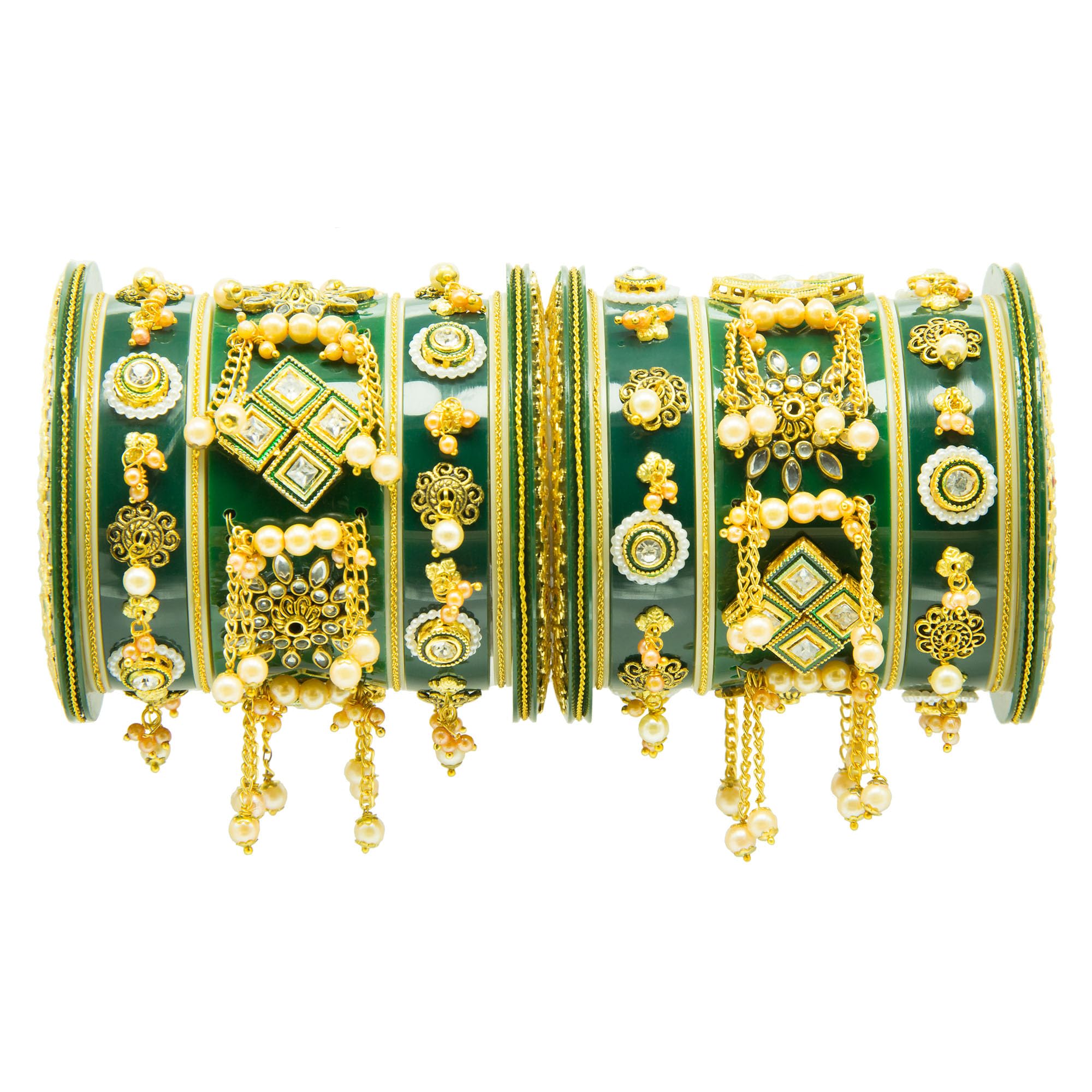 SDShopHandmade Chura w 3 Bracelets Hanging Pearls Bangles Set for Girls (2.6, Green)