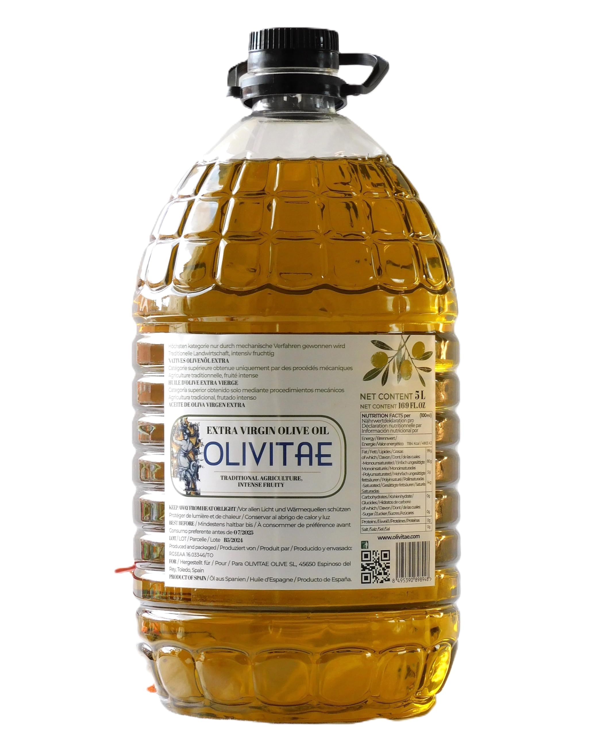 OLIVITAE. Extra natives Olivenöl 5 Liter. Traditionelle Landwirtschaft, intensiver Geschmack. Toledo, Spanien.