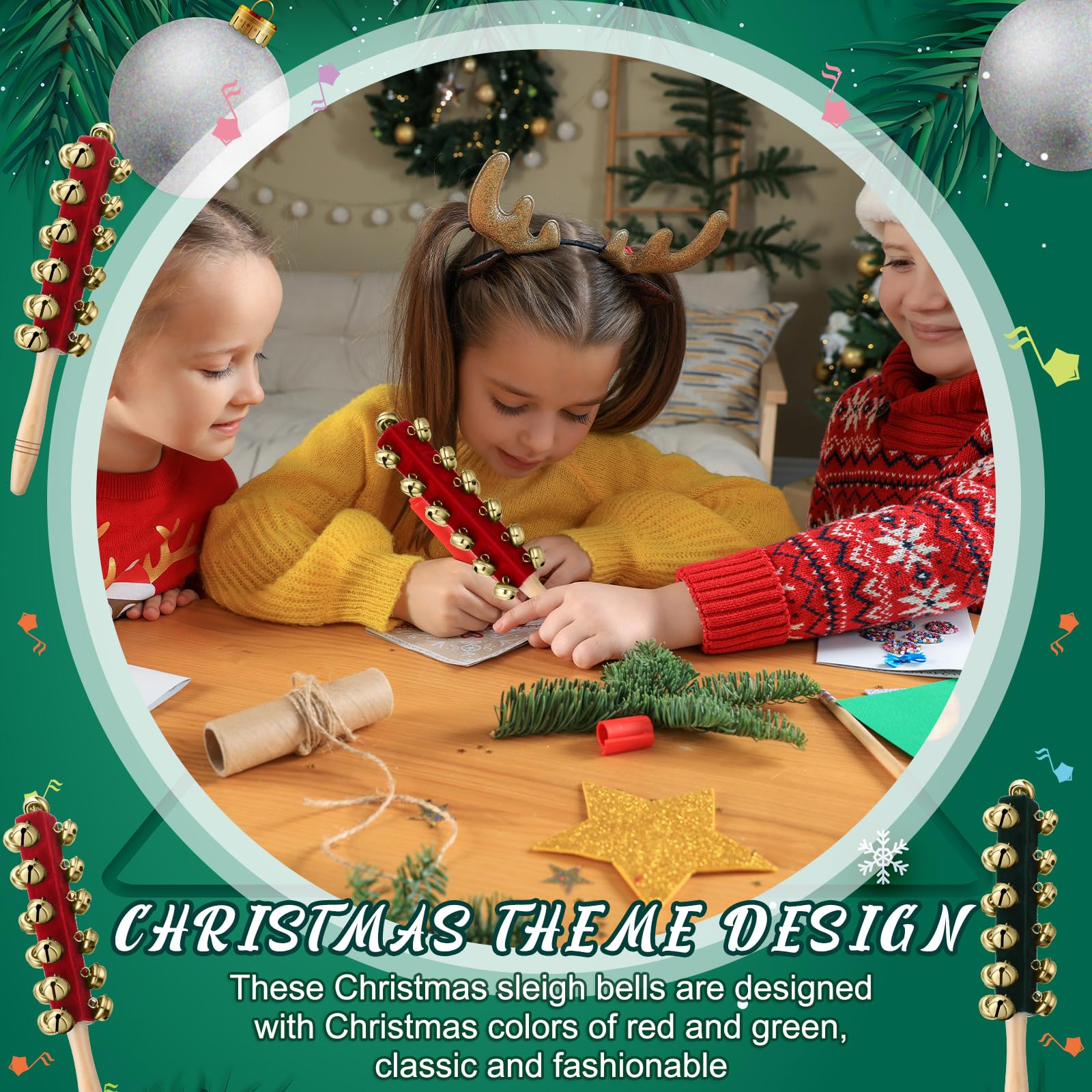 4 Pcs Christmas Sleigh Bells Wooden Handle Jingle Bells Instrument Musical Hand Bell Shaker Rattle Musical Percussion Instrument For Xmas Holiday Party (Red