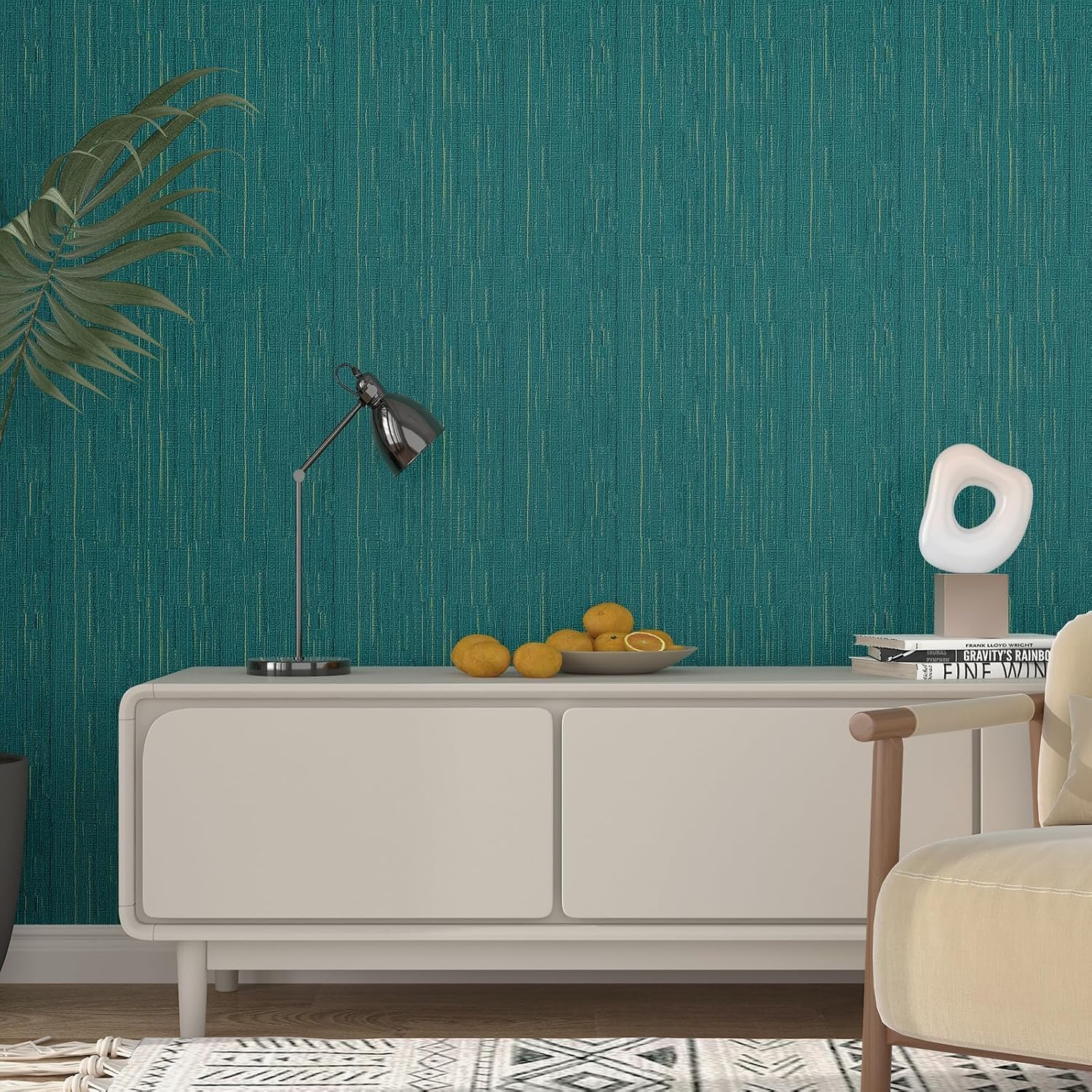 Decotalk Teal Grasscloth Wallpaper 17.7"x200" Grasscloth Peel and Stick Wallpaper Grass Cloth Contact Paper Textured Grass Cloth Wallpapers for Wall Cabinets Decor Faux Seagrass Fabric Vinyl Green