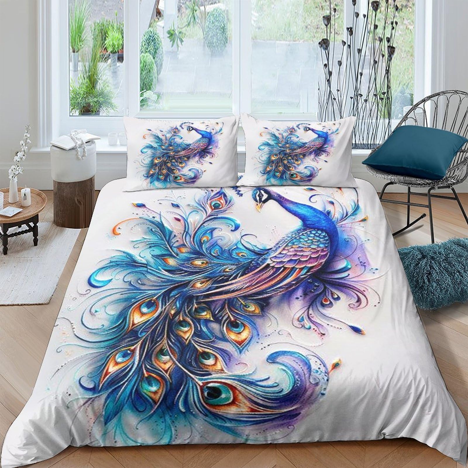 Ctjqhvkz Style-4 3D Printed Peacock Blue Art Fitted Sheet Microfiber Non Slip Mattress Cover For Bedroom Guest Room Decor Easy Care Single（135X200cm）