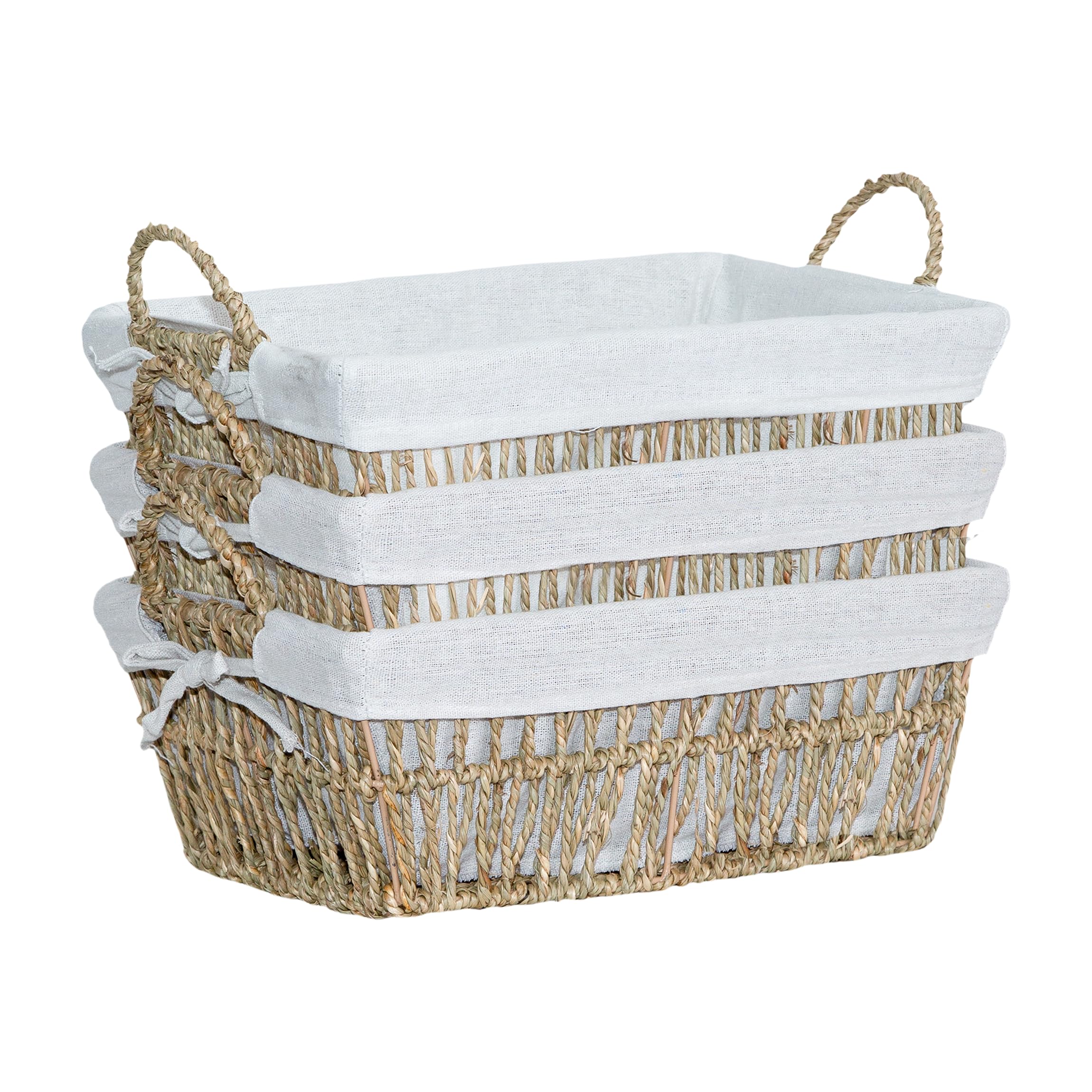 Wickerfield 3PCS Hamper Basket with Handle, Woven Wicker Basket, Paper Rope and Seagrass Storage Baskets (Seagrass)