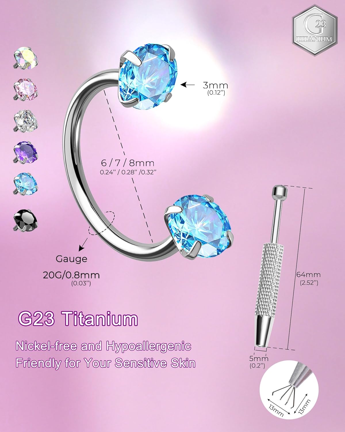 Jewseen Titanium Horseshoe Nose Ring 20G Double Cubic Zirconia Nose Ring for Women 6MM/7MM/8MM Internally Threaded Lip Septum Piercing Jewelry Horseshoe Helix/Daith/Tragus Earring for Women - Image 6