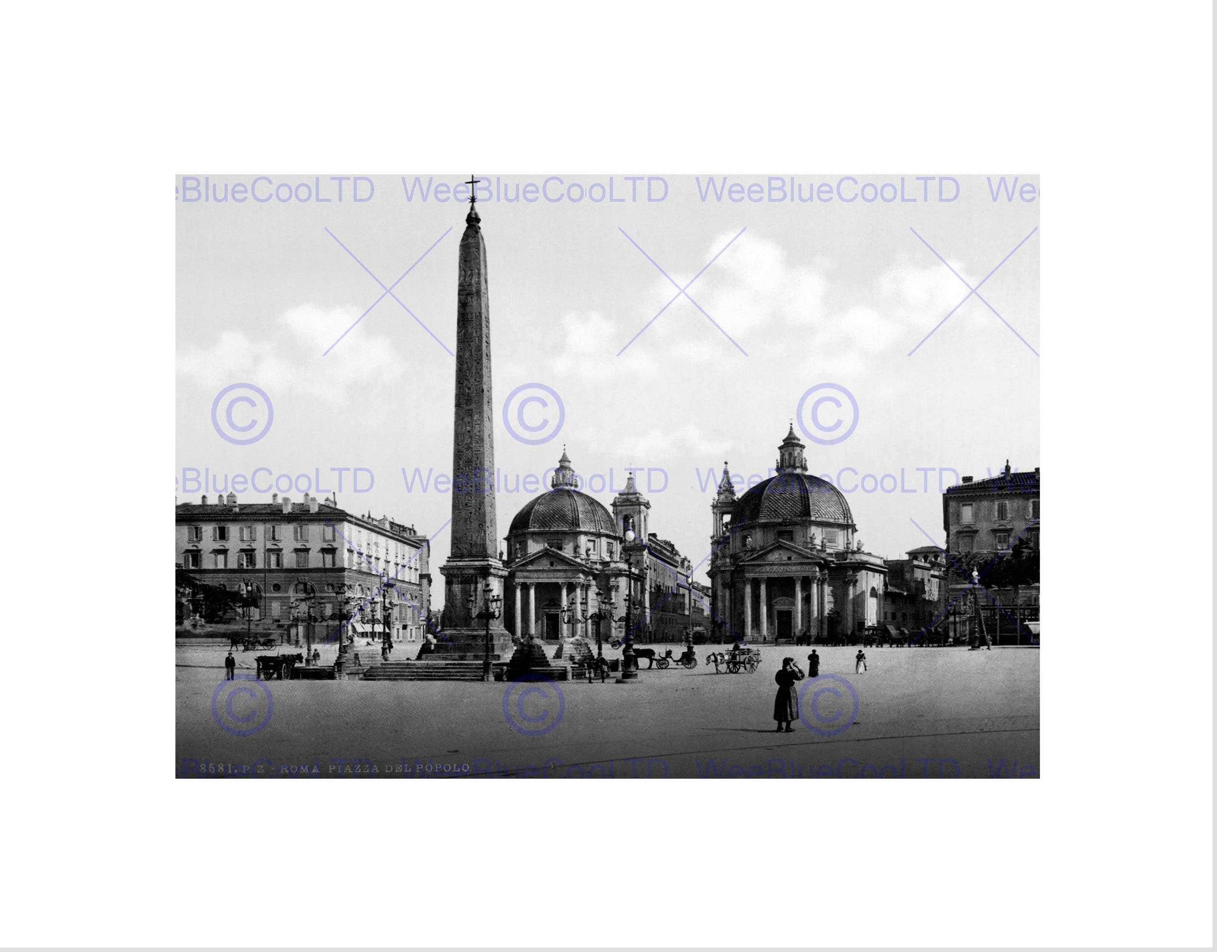 Wee Blue Coo PIAZZA DEL POPOLO ROME ITALY 1895 VINTAGE OLD BW FRAMED ART PRINT MOUNT B12X2657