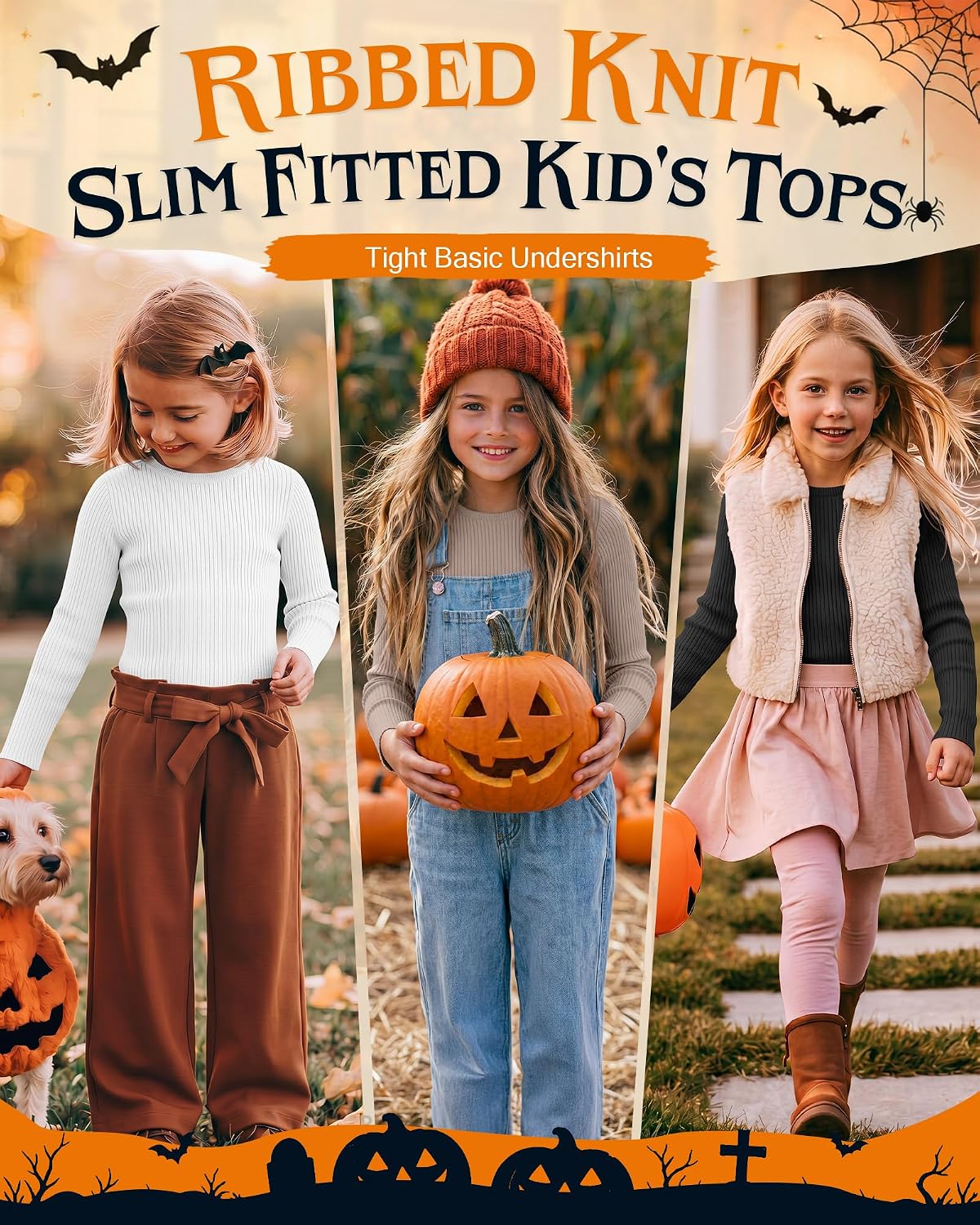 3 Pack Girls' Long Sleeve Shirts Ribbed Fitted Tops