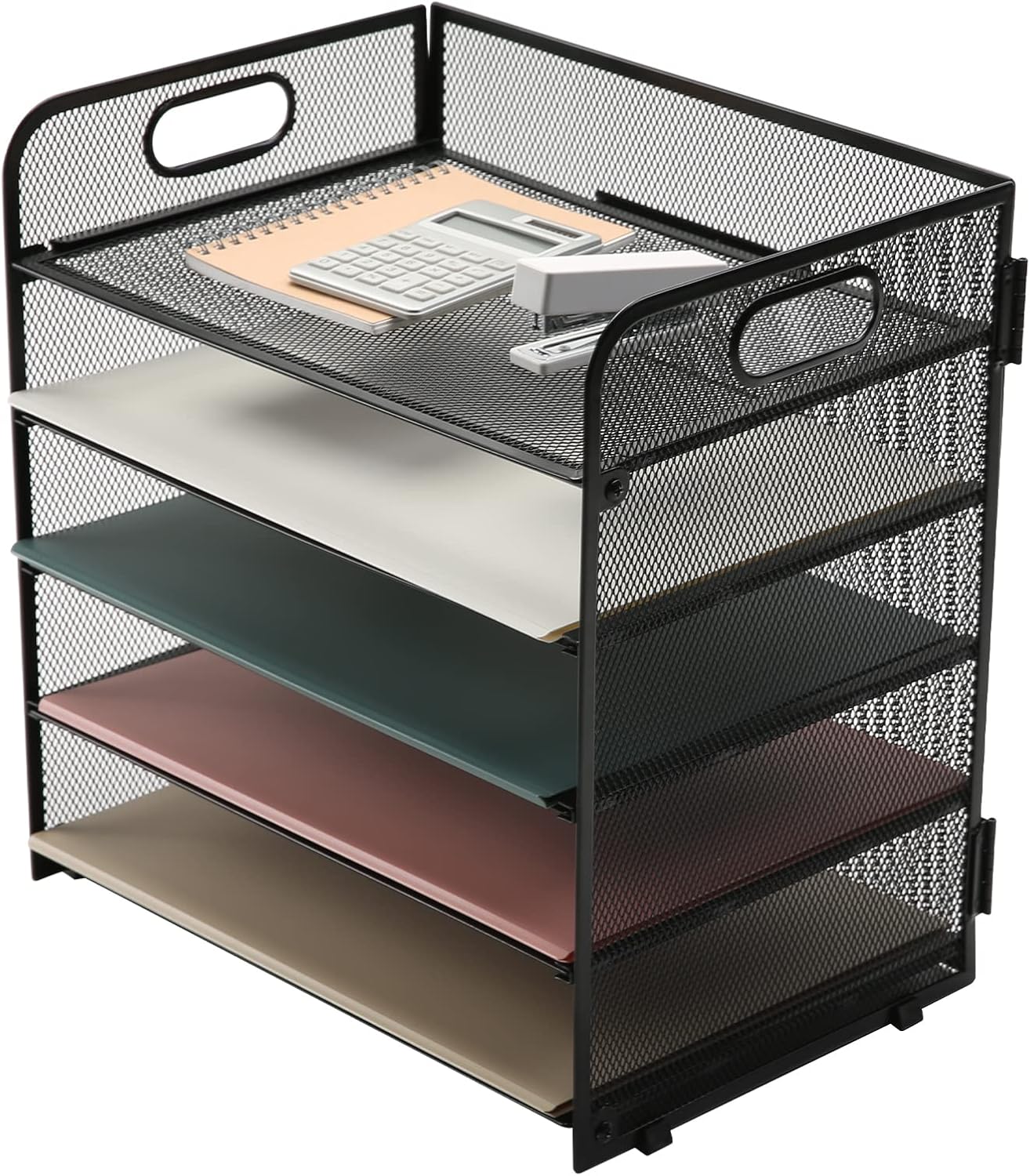 5 Trays Paper Letter Tray Organizer with HandleMesh Desk File Organizer, Black