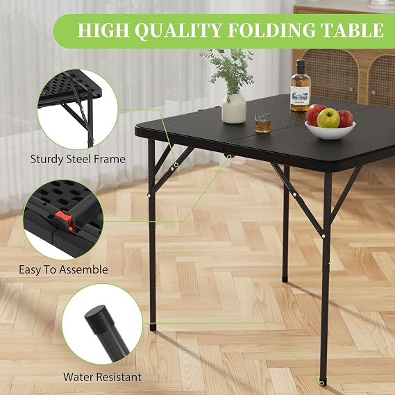 34 Inch Foldable Table,Portable Tables Folding,Folding Square Table,for Outdoor,Indoor,Picnic and Camping,Light and Convenient,Black