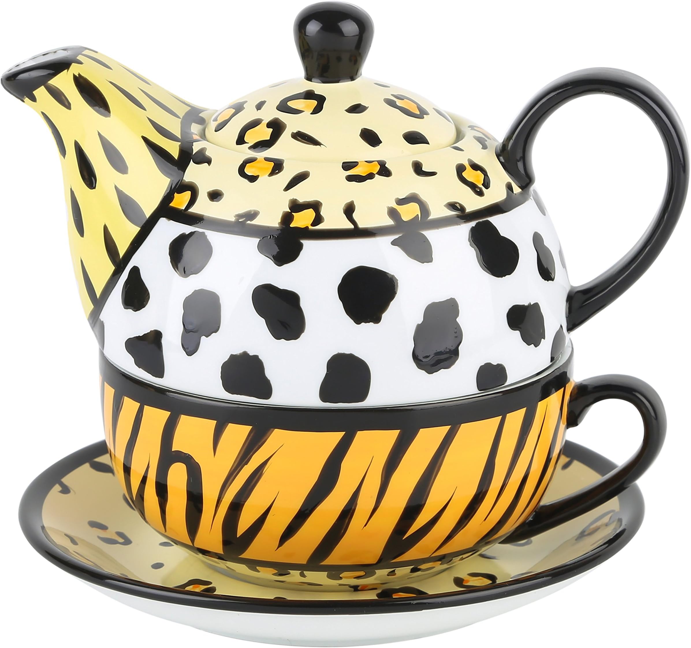 Artvigor Porcelain 3 Pieces Mixed Colors Glazed Tea For One Set,400ml+300ml,With Teapot Teacup and Saucer