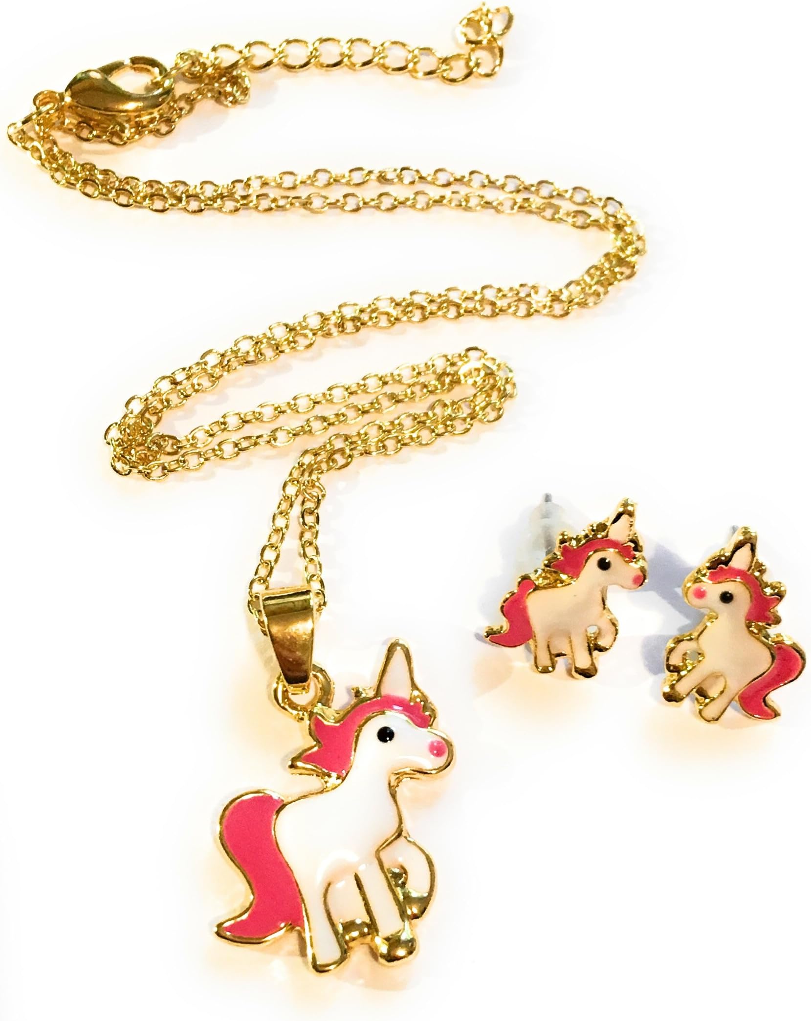 Pink, White and Gold Unicorn Necklace and Stud Earrings Jewellery Set in Gift Box