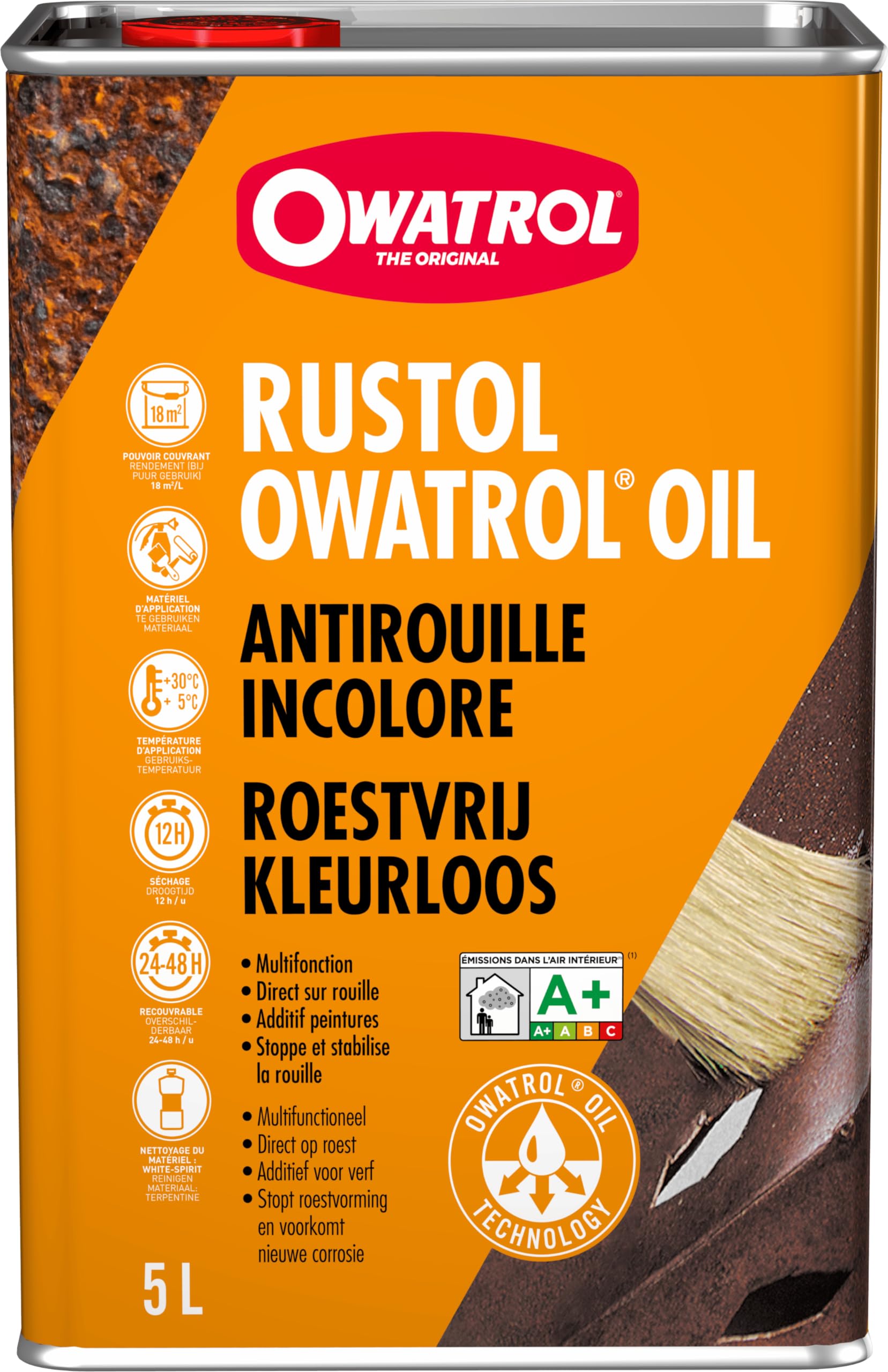 OWATROL – RUSTOL – Antirouille Incolore - Stop Rouille Pénétrant Surfaces Métalliques Plastiques Verre Bois - Apprêt et Sous-Couche – Vernis Antirouille Multi-Surfaces – 5 L
