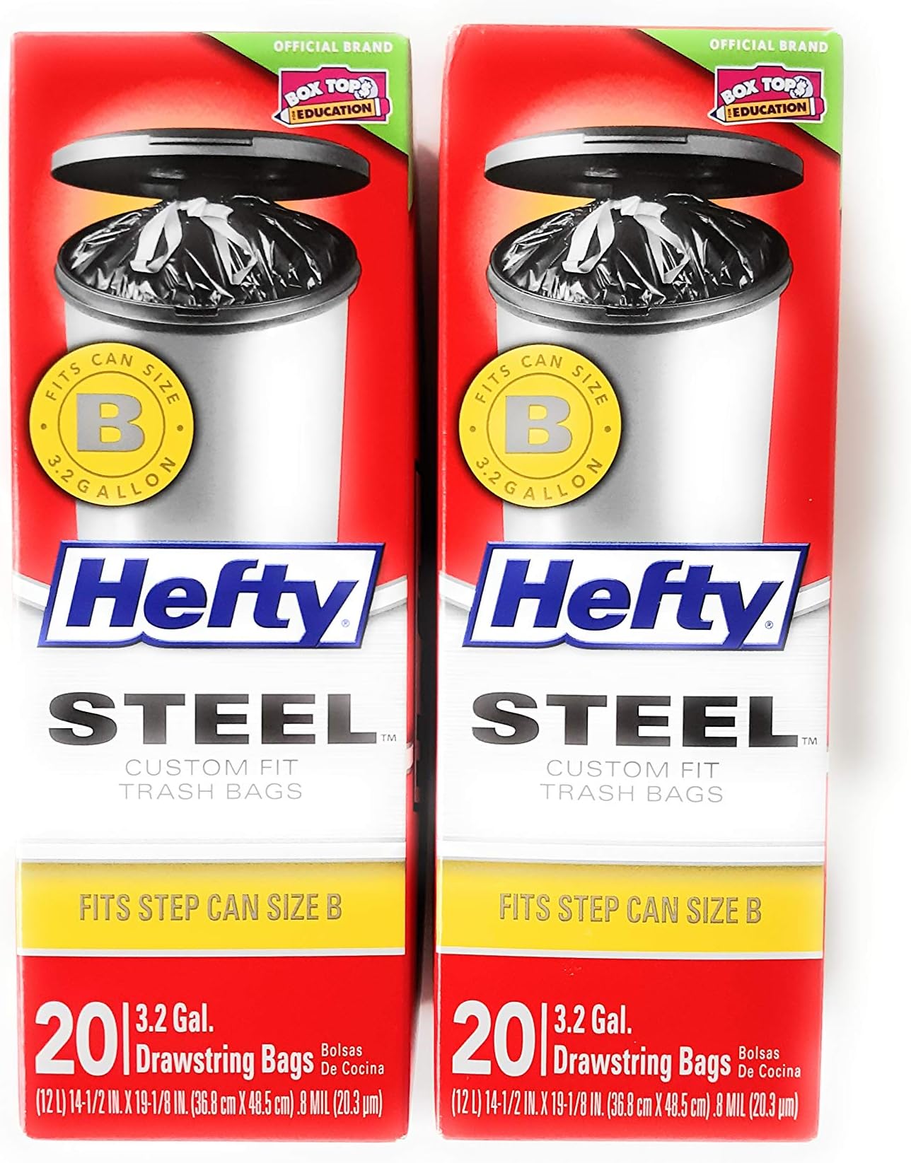 Hefty Steel Trash Bags, 3.2 Gallon Capacity, 2 Boxes with 20 Bags Each, Custom Fit for Steel Step Can Size B