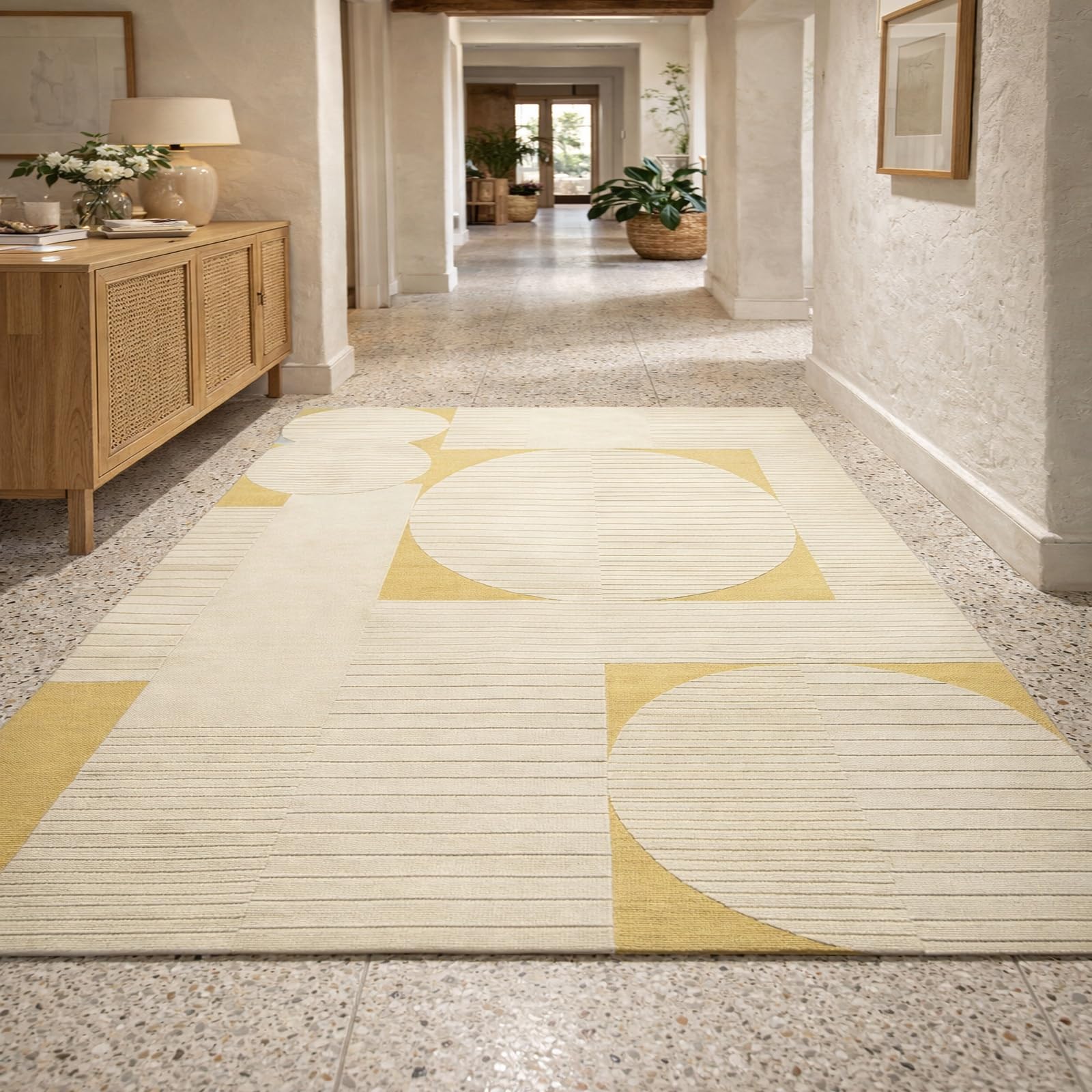 Tapis salon géométrique moderne beige et jaune 150x150 cm lavable