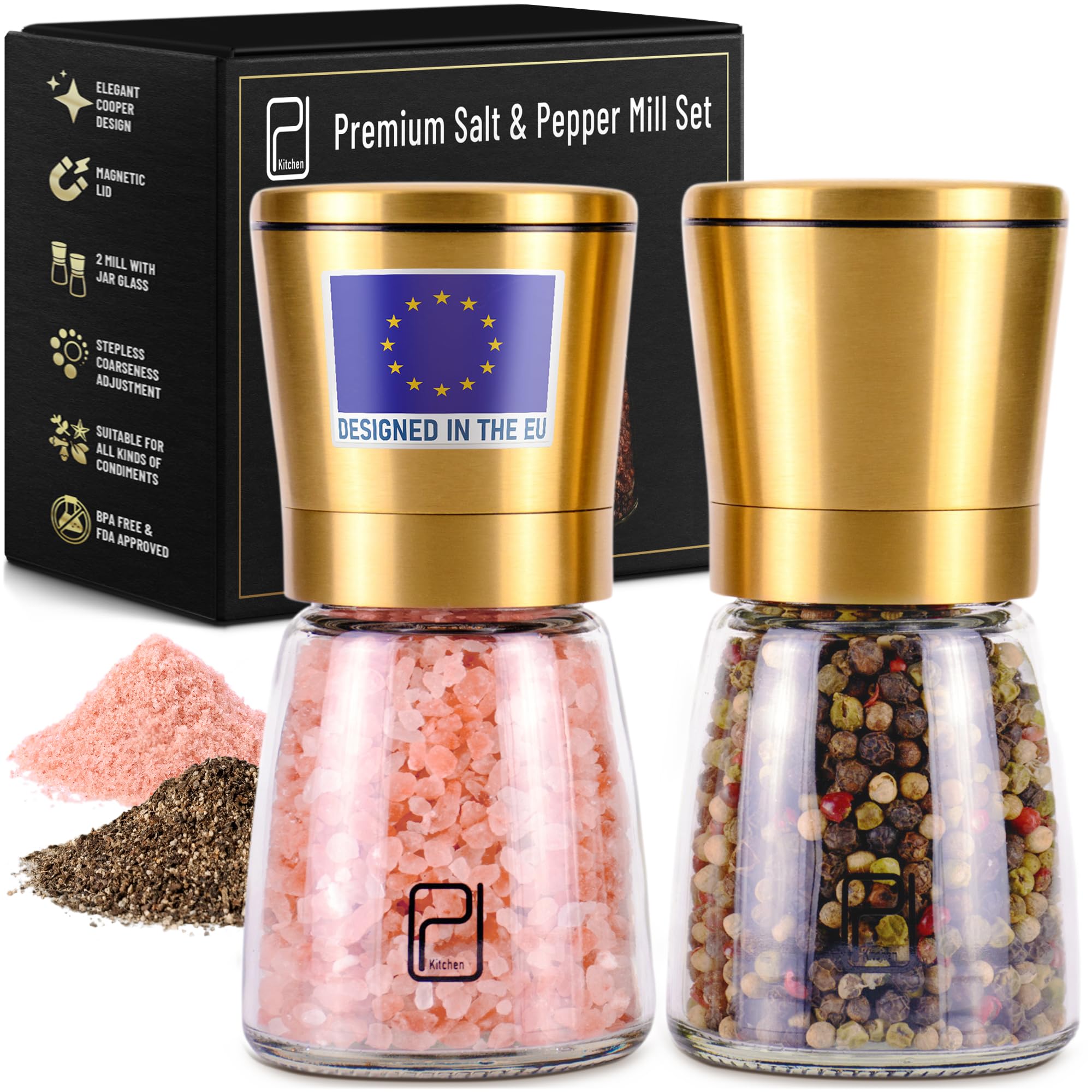 Set Premium Macinasale e Macinapepe - 142 g, Acciaio Inossidabile Dorato - Macina Manuale Ricaricabile e Regolabile - di PJC-Kitchen