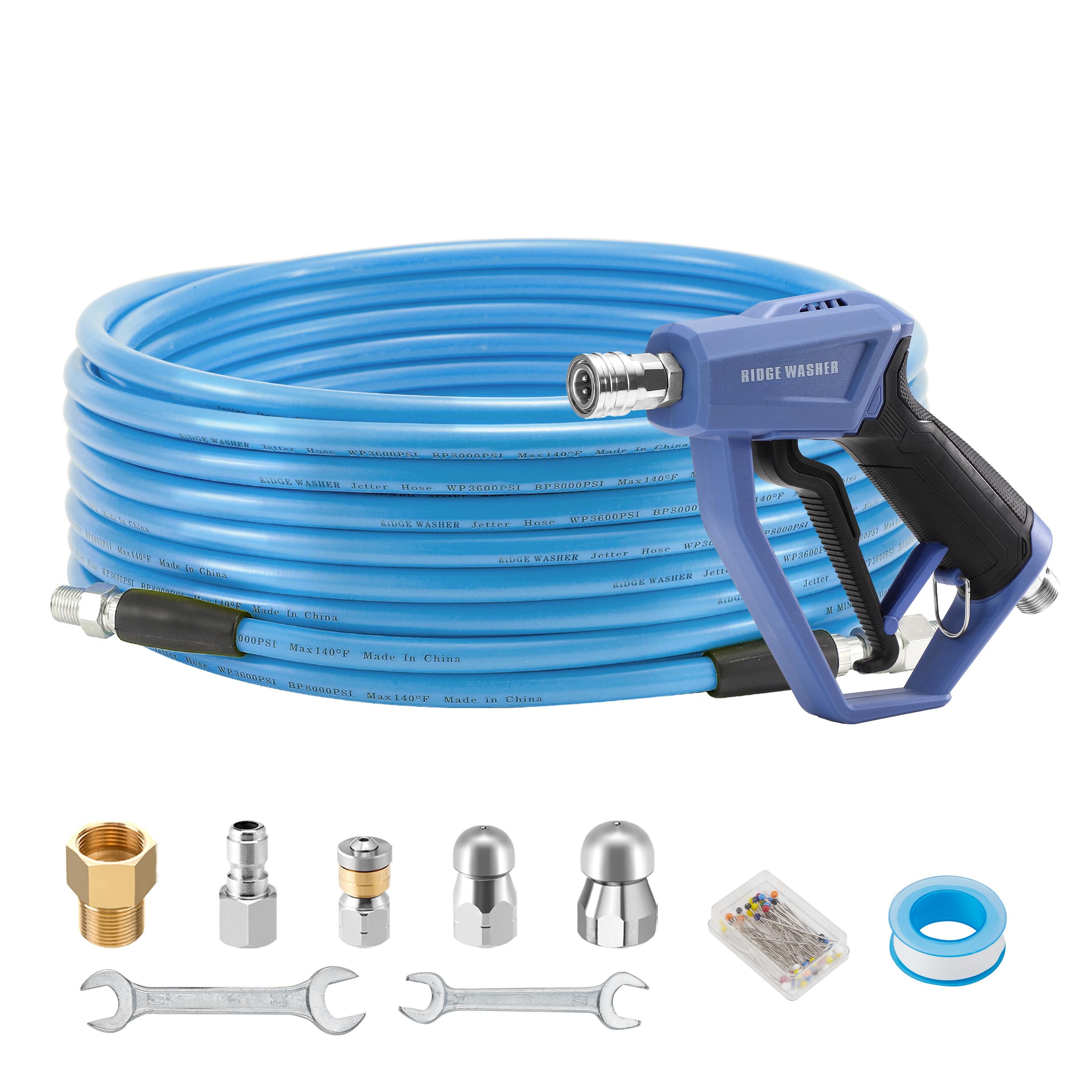 RIDGE WASHERRIDGE WASHER Sewer Jetter Kit for Pressure Washer 50FT, 3600 PSI Drain Cleaning Hose with Short Pressure Washer Gun, 1/4 Inch NPT Corner, Rotating and Button Nose Sewer Jetting Nozzle