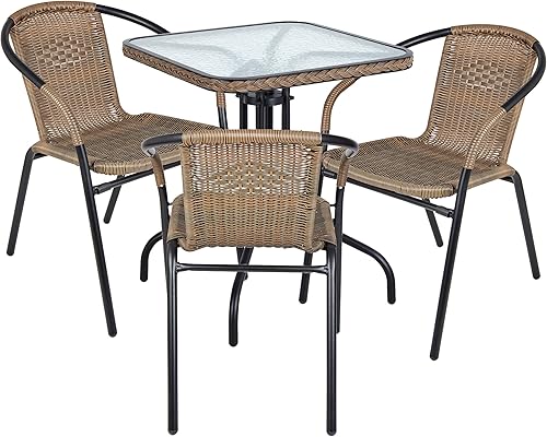 Miniatura 7 de BTEXPERT Vidrio templado de 28 pulgadas para interiores y exteriores, borde negro + 2 pilas de restaurante, 2 sillas de ratán con una mesa cuadrada