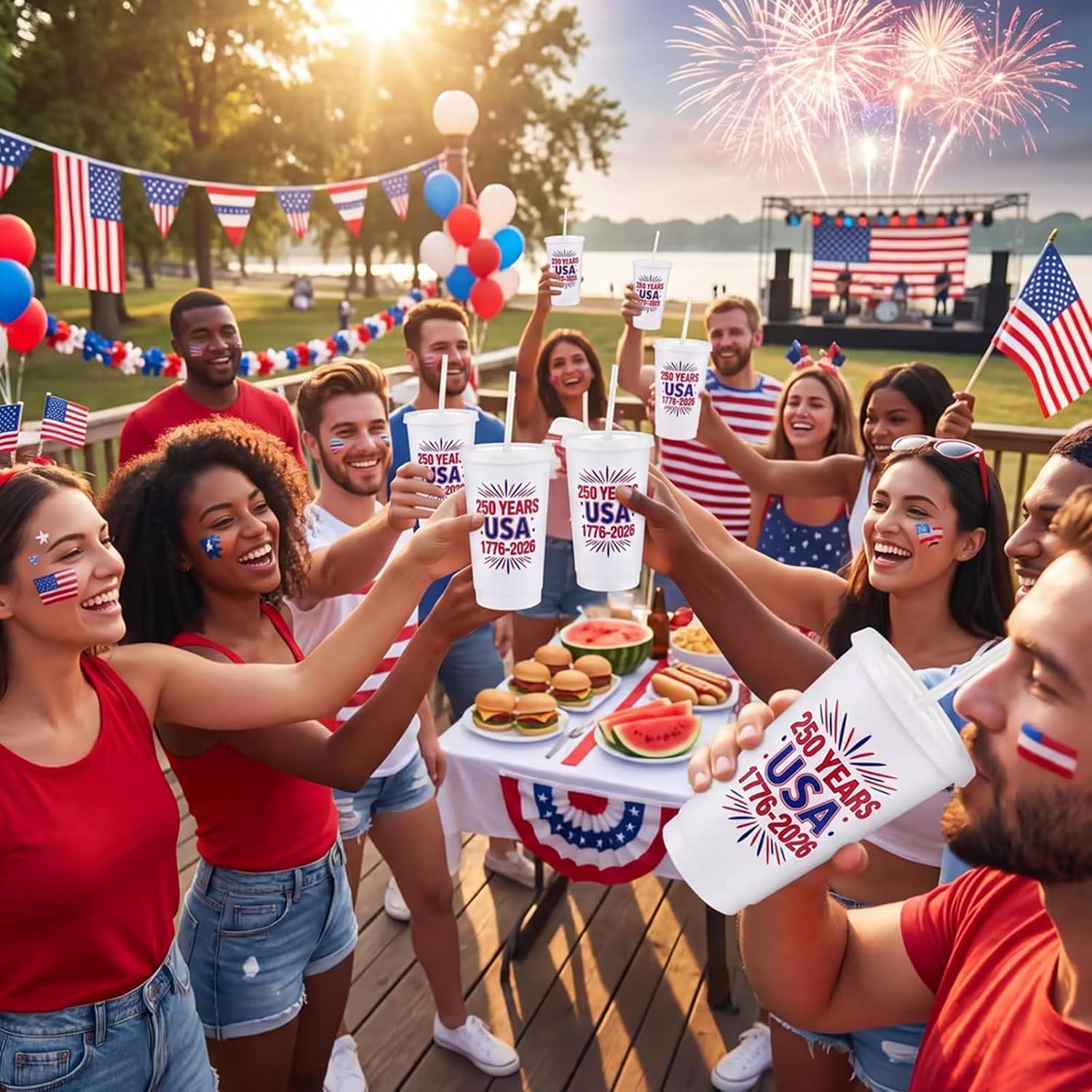 Yungyan 24 Pcs 250th Anniversary Reusable PP Cups 16 oz with Lids & Straws American Patriotic Themed Party Supplies for 4th of July Independence Day Memorial Day, USA Themed Gift