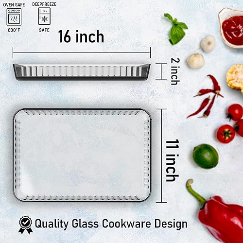 Miniatura 2 de UMS Plato para hornear de vidrio para asador - Sartén rectangular para cocinar y servir, horno, estufa, microondas, lavavajillas y refrigerador.
