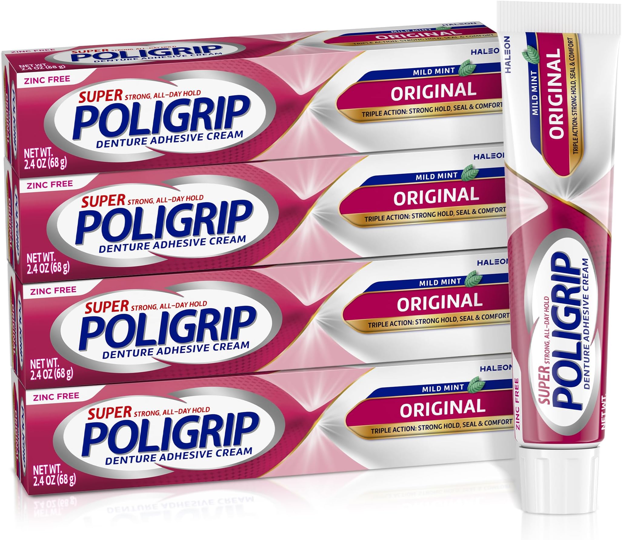 Super Poligrip Original Denture Adhesive Cream, Zinc Free Denture Cream for Dentures - 2.4 Ounces (Pack of 4)