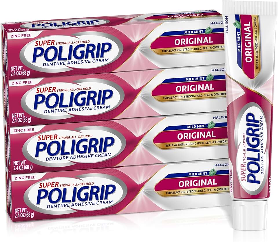 Super Poligrip Original Denture Adhesive Cream, Zinc Free Denture Cream for Dentures - 2.4 Ounces (Pack of 4)
