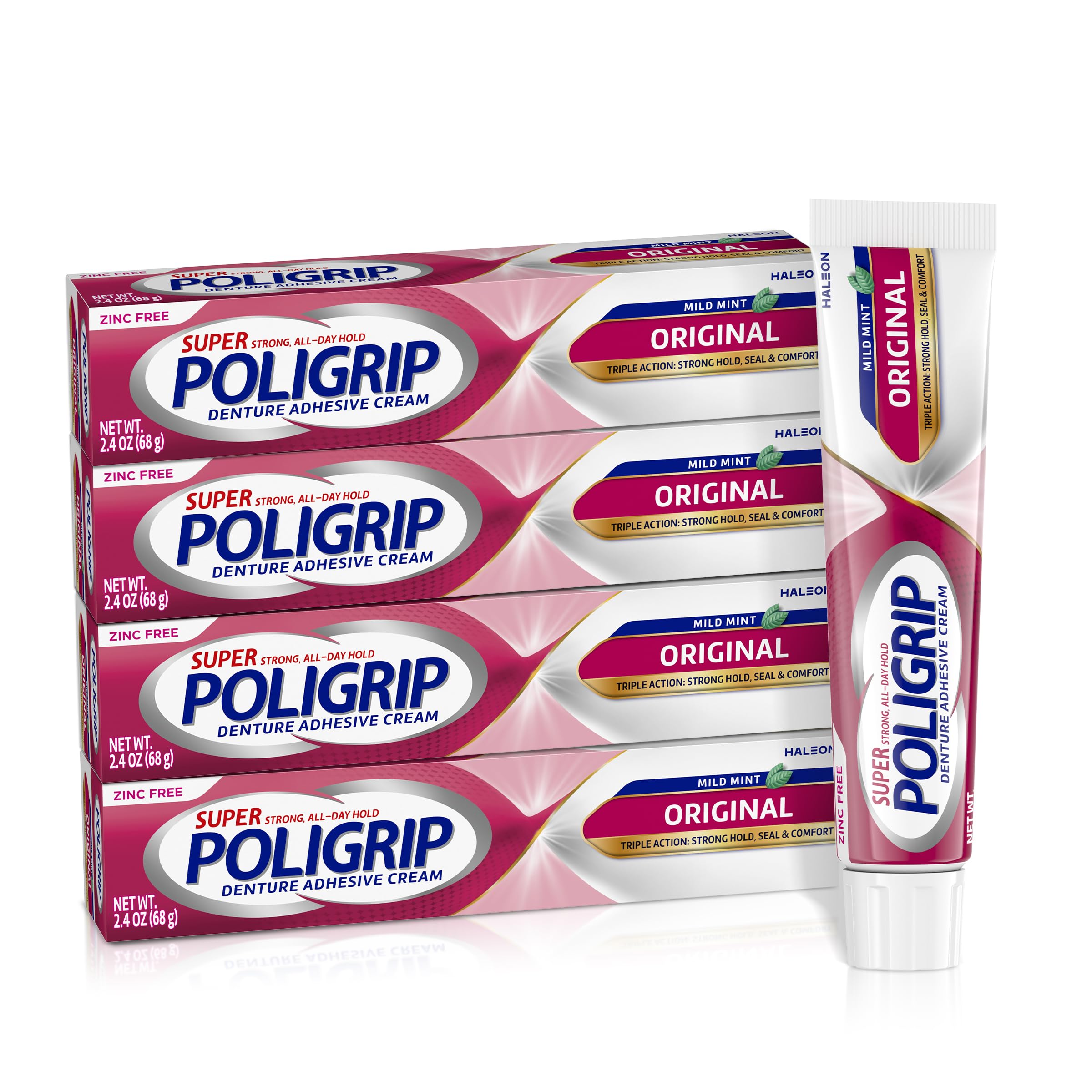 Super Poligrip Original Denture Adhesive Cream, Zinc Free Denture Cream for Dentures - 2.4 Ounces (Pack of 4)