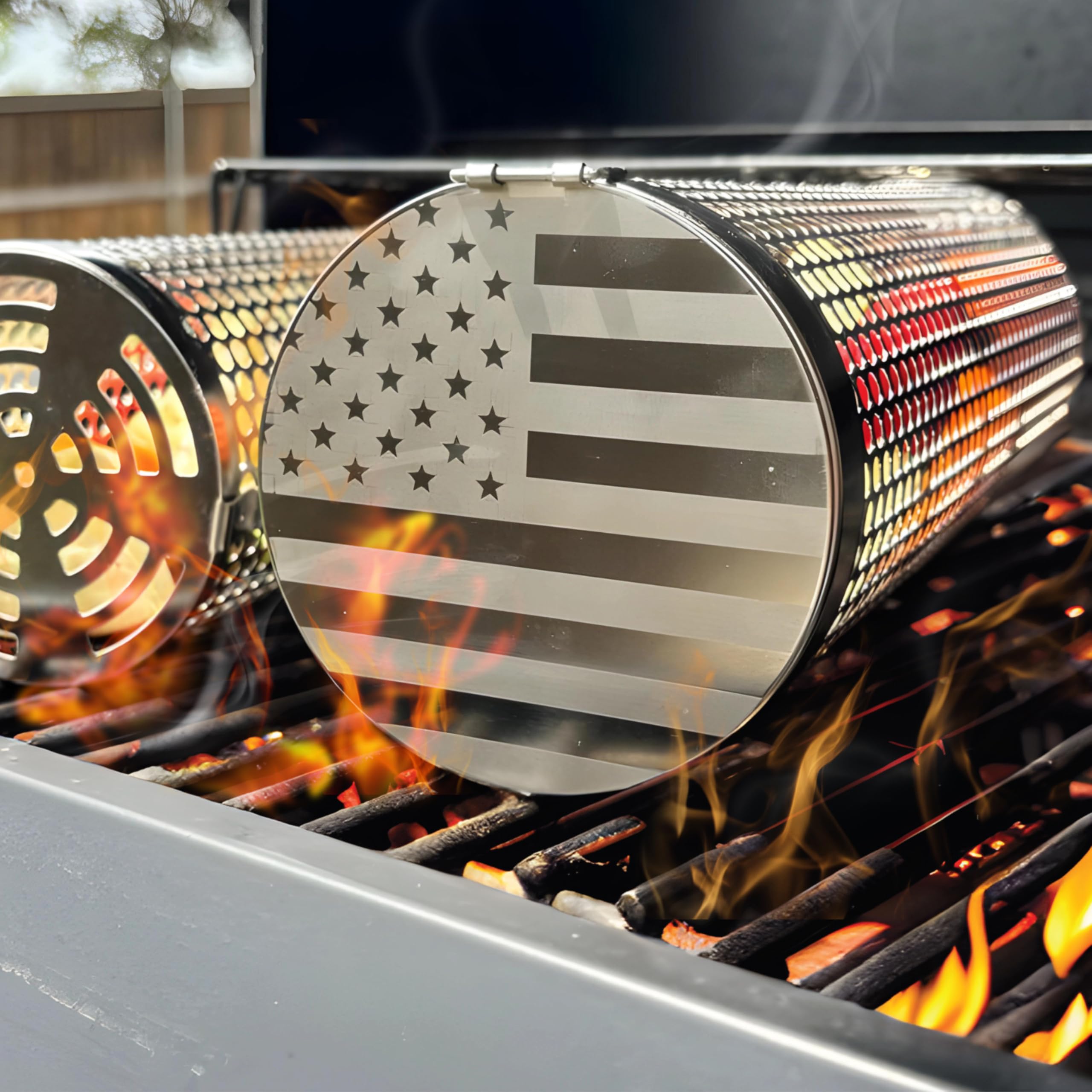 Cestas redondas de gran capacidad para asar (2 piezas) con pestillo de ajuste a presión, cesta XL para parrilla con grabado de la bandera de Estados Unidos, incluye guante de parrilla 9