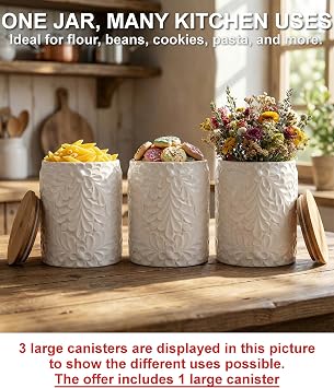 XXL 94 Oz Engraved Ceramic Kitchen Canister - Storage Jars with Airtight Lids Made from Bamboo with Nature-Inspired Engraving - Use as a Pasta Holder, Coffee Ground Holder, Rice Container, Candy Jar