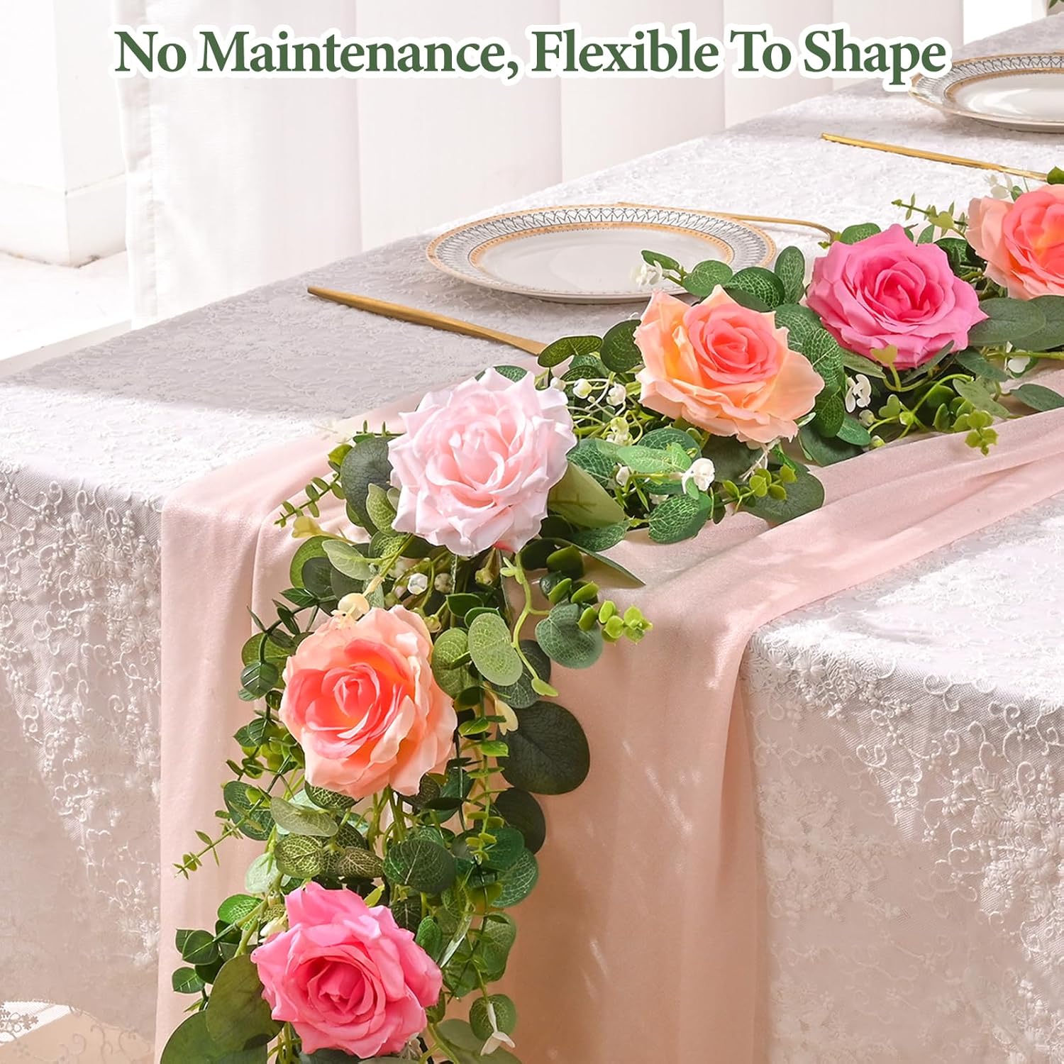 Livole 4Pcs 6.5 FT Artificial Flower Garlands Real Touch Fake Floral Silk Pink Rose Garland Hanging Vine for Wedding Table Centerpieces Party Arch Ceremony Garlands Backdrop Decor
