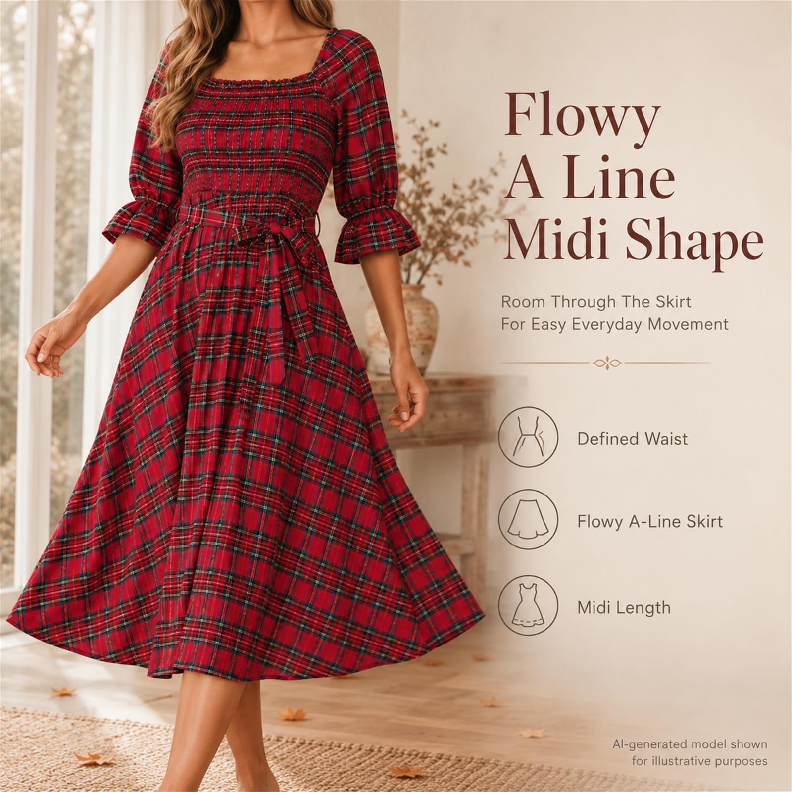 Robe midi Femme à Encolure carrée, smockée Ceinture Coupe trapèze et Poches | Robe midi trapèze à carreaux rouges, encolure carrée, smocks, ceinture à nouer poches latérales, manches bouffantes à volants