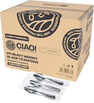 CIAO! 6.3" Black Teaspoon Heavy Weight Polypropylene Individually Wrapped Case of 1,000