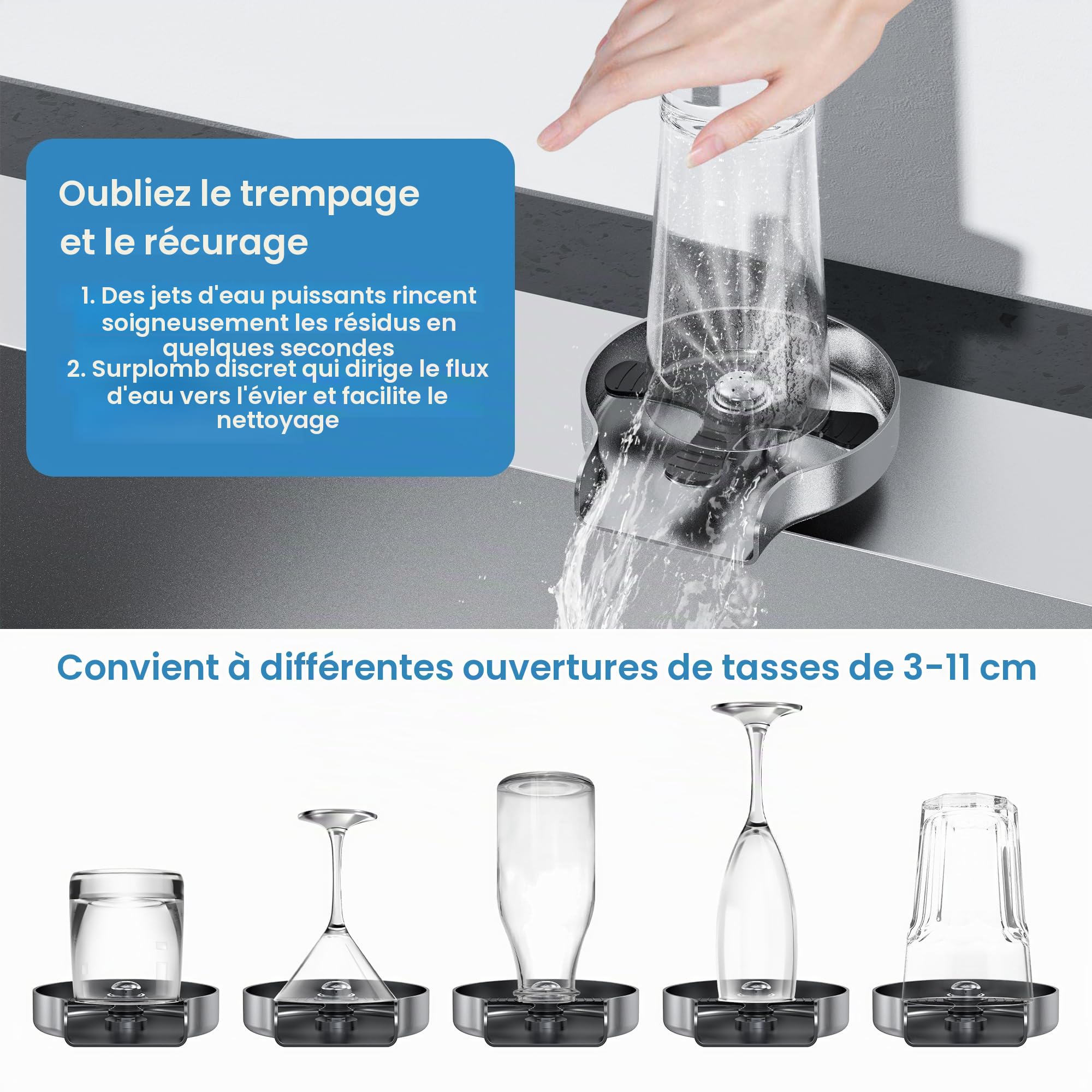 Rince-verre en acier inoxydable avec 13 sorties d'eau - Lave-bouteille pour évier de cuisine, Lave-verre en métal avec finition brossée, Installation facile à faire soi-même Nettoyage efficace