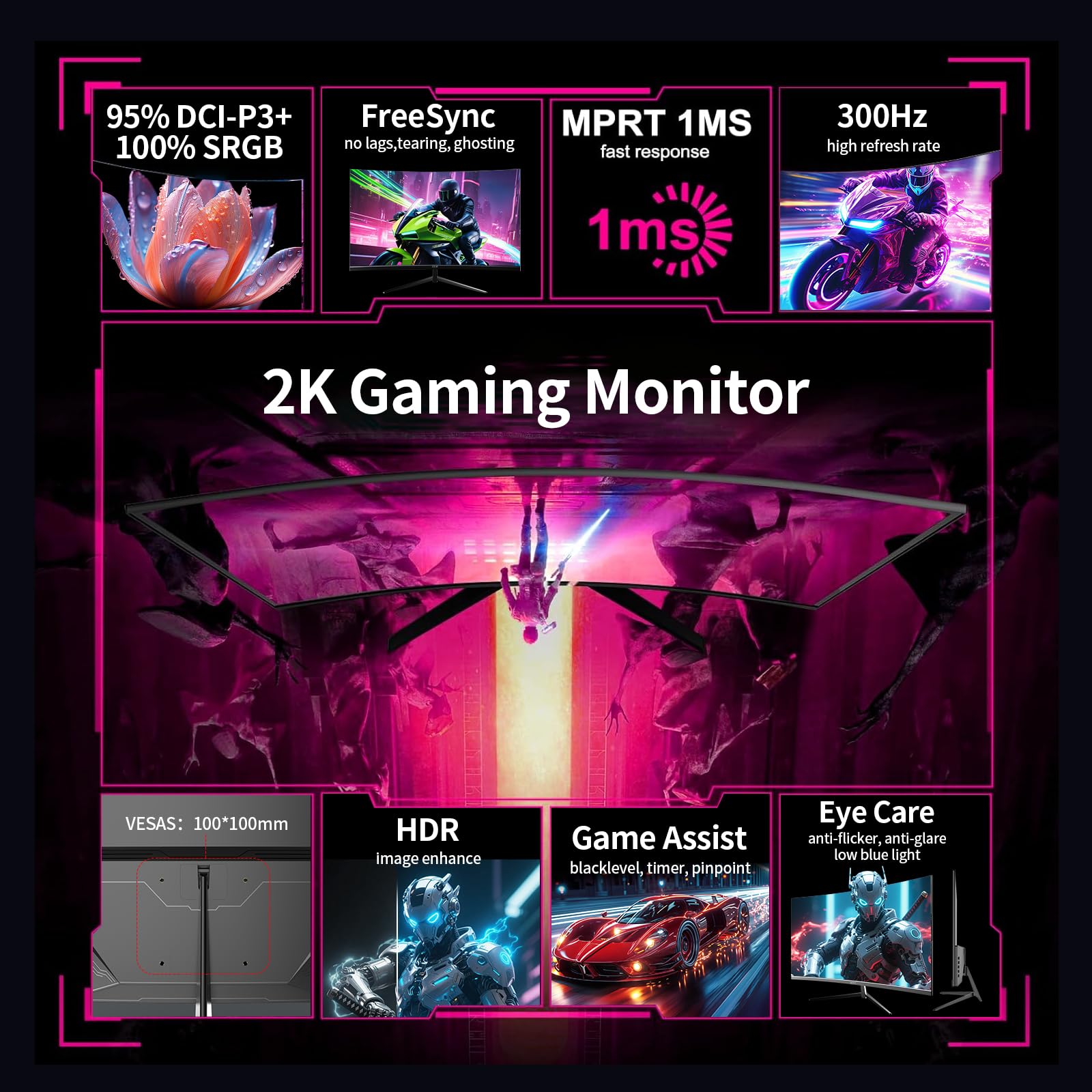 ZZA Monitor curvado para juegos de 32 pulgadas, QHD 2560 x 1440, frecuencia de actualización Ultra 300Hz y 240Hz, panel VA, 1500R, 1ms, HDR, AMD FreeSync Premium, compatible con NVIDIA G-SYNC