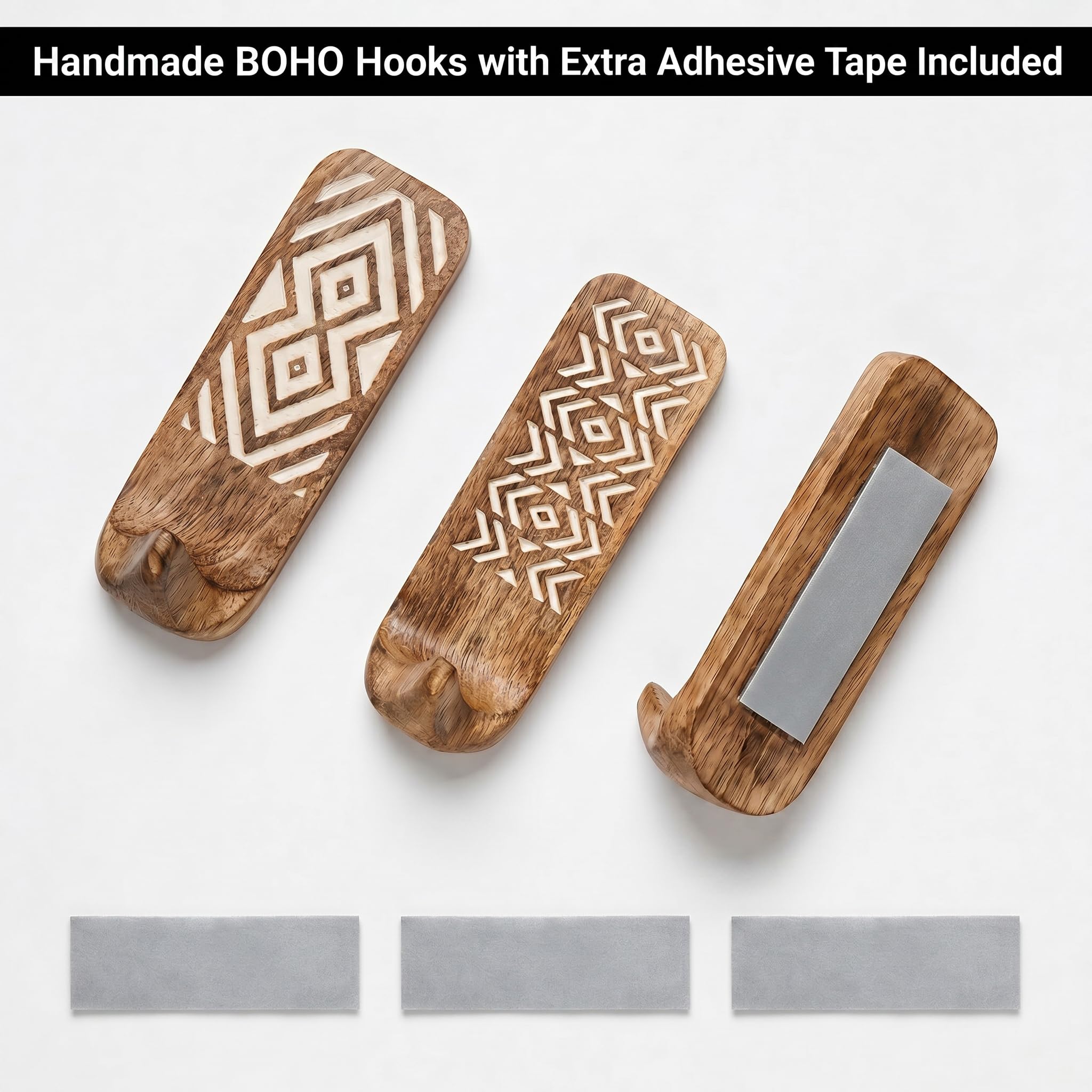 IndianShelf 3 Decorative Boho Wood Adhesive Wall Hooks No Drill Damage Free — Amazon image 6