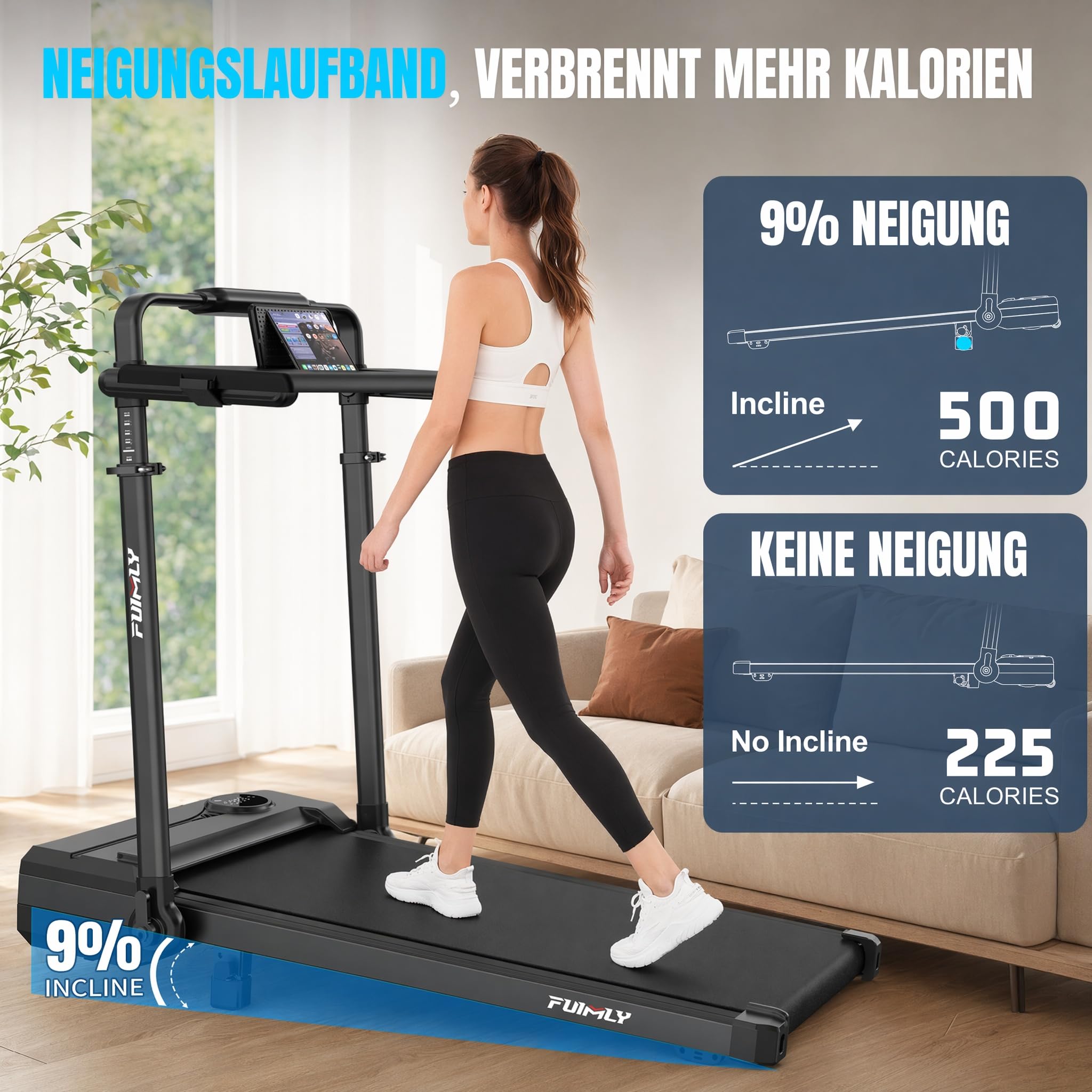 Walking Pad Laufband für Zuhause Klappbar - Walking Pad mit Steigung 9%, 8 in 1 Schreibtisch Laufband mit verstellbarem Handlauf 105-115 cm, 3.5 PS Leise Treadmill für Home Office & Büro bis 150 kg