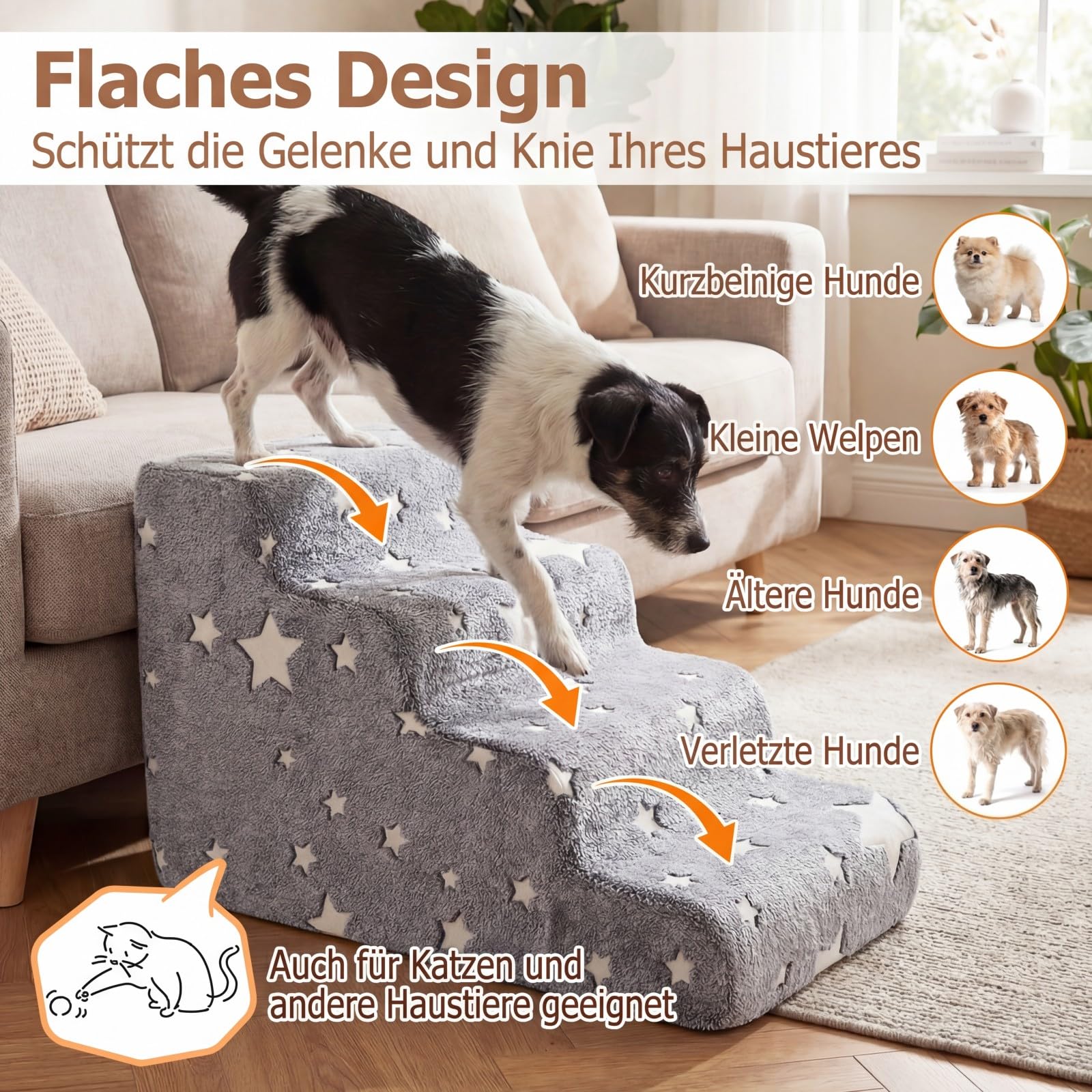 DREAMADE Hundetreppe 50 cm Hoch mit leuchtenden Mustern, Haustiertreppe aus hochdichtem Schaumstoff mit waschbarem Bezug, Katzentreppe mit Rutschfester Boden, für Couch, Sofa & Bett (4 stufig)
