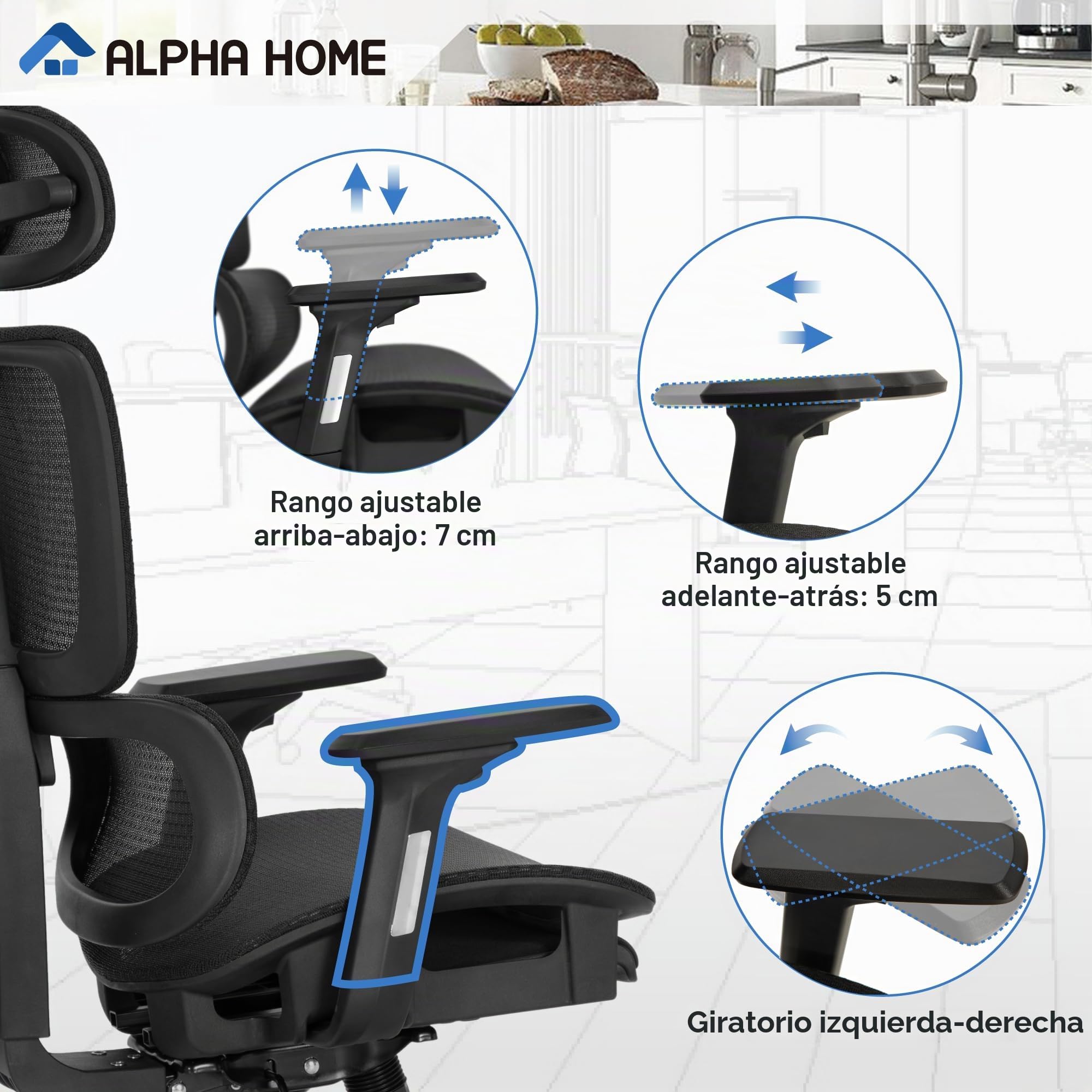 Silla de oficina ergonómica ALPHA HOME con reposapiés retráctil, respaldo alto, silla de escritorio para gerente, silla de oficina para computadora con ángulo de inclinación de 90-130°, con