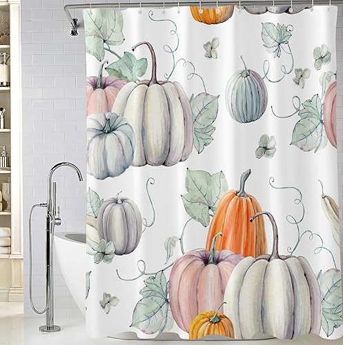 Miniatura 7 de Cortina de ducha de calabaza otoñal, cortina de ducha de tela con 12 ganchos, 72 x 72 pulgadas