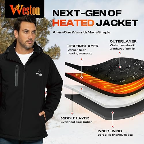 Miniatura 3 de WESTON Abrigo térmico para hombre, 4 zonas de calefacción, 7.4 V, batería recargable de 4800 mAh, 3 niveles de calor ajustables