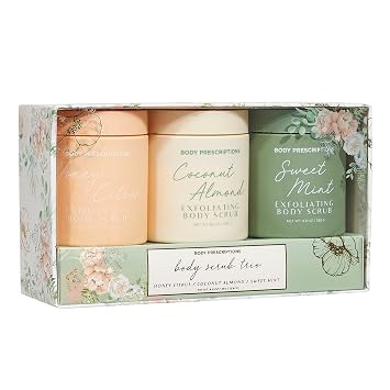 Body Prescriptions Exfoliating Body Scrub Body Cleanser for Nourished, Ultra-Smooth Skin, Honey Citrus, Coconut Almond, and Sweet Mint
