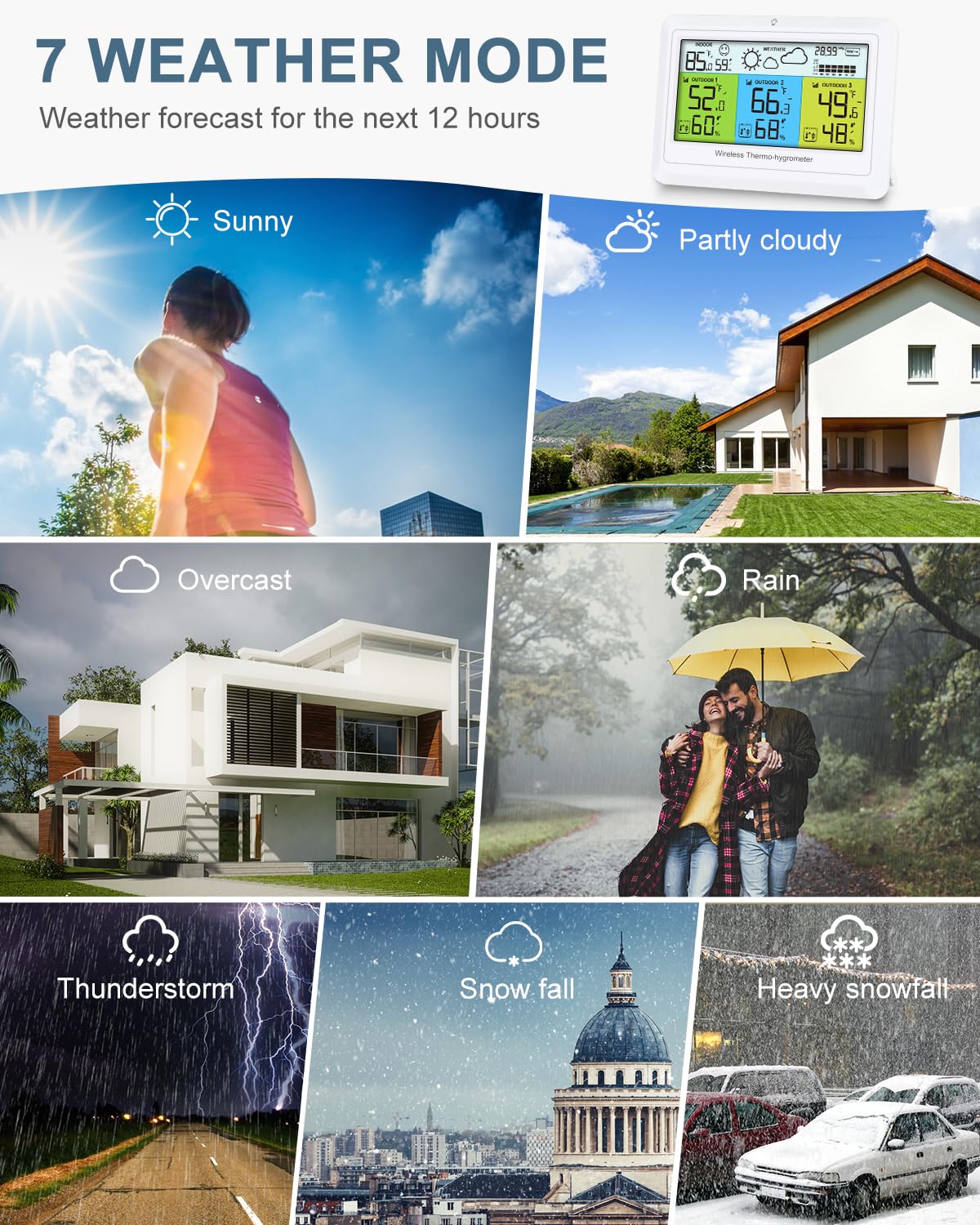 Stazioni meteorologiche con sensore esterno wireless per interni ed esterni, termometro igrometro con 3 sensori, termometro digitale umidità con display a colori, retroilluminazione, previsioni